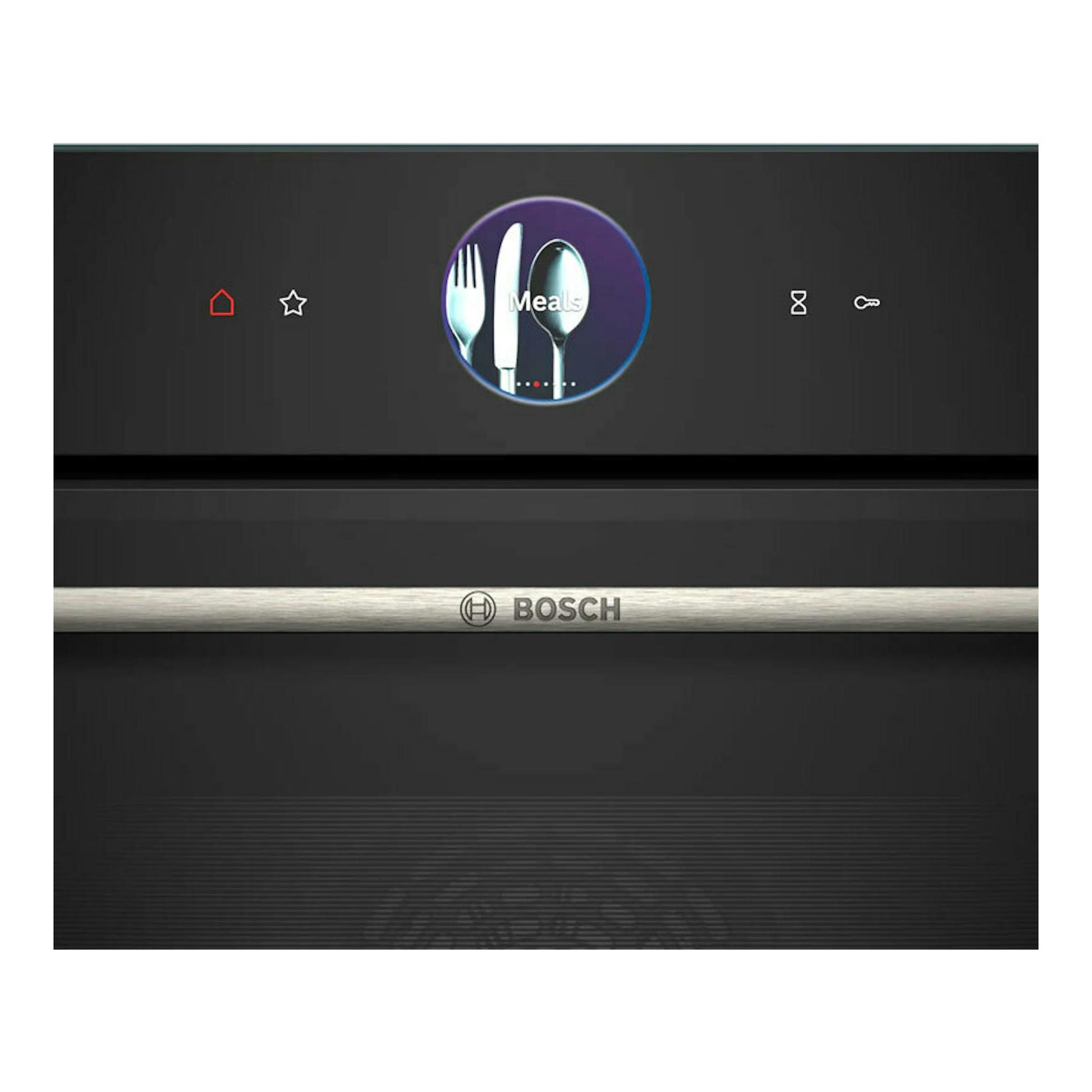 Horno Bosch CSG7361B1 negro, vista frontal, con pantalla táctil circular y tira metálica central.