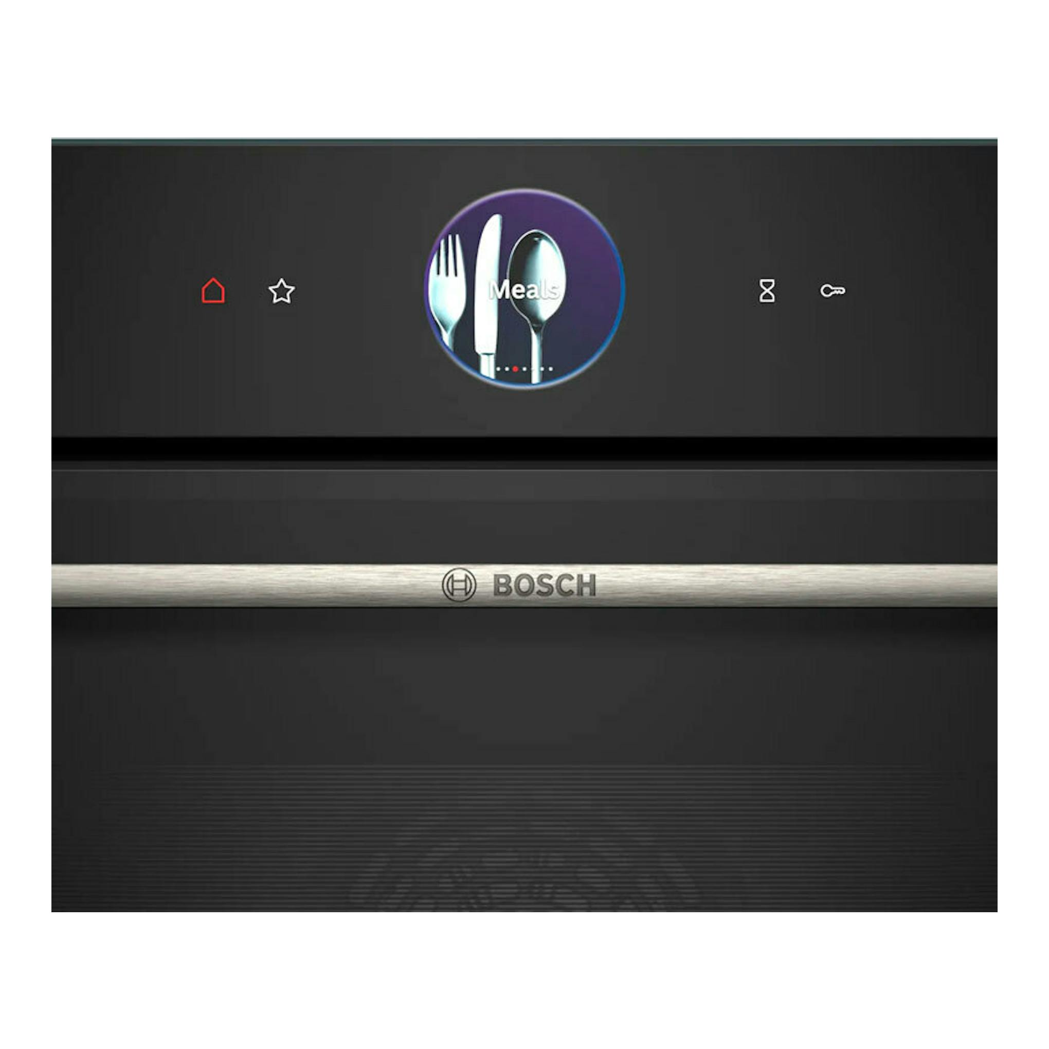 Horno Bosch CSG7361B1 negro, vista frontal, con pantalla táctil circular y tira metálica central.