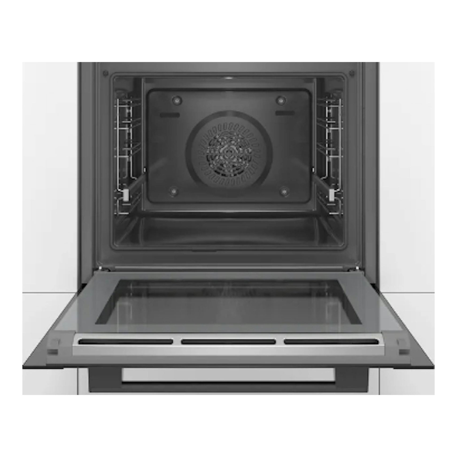Horno Bosch HBA372EB0 negro, vista frontal con puerta abierta e interior visible.