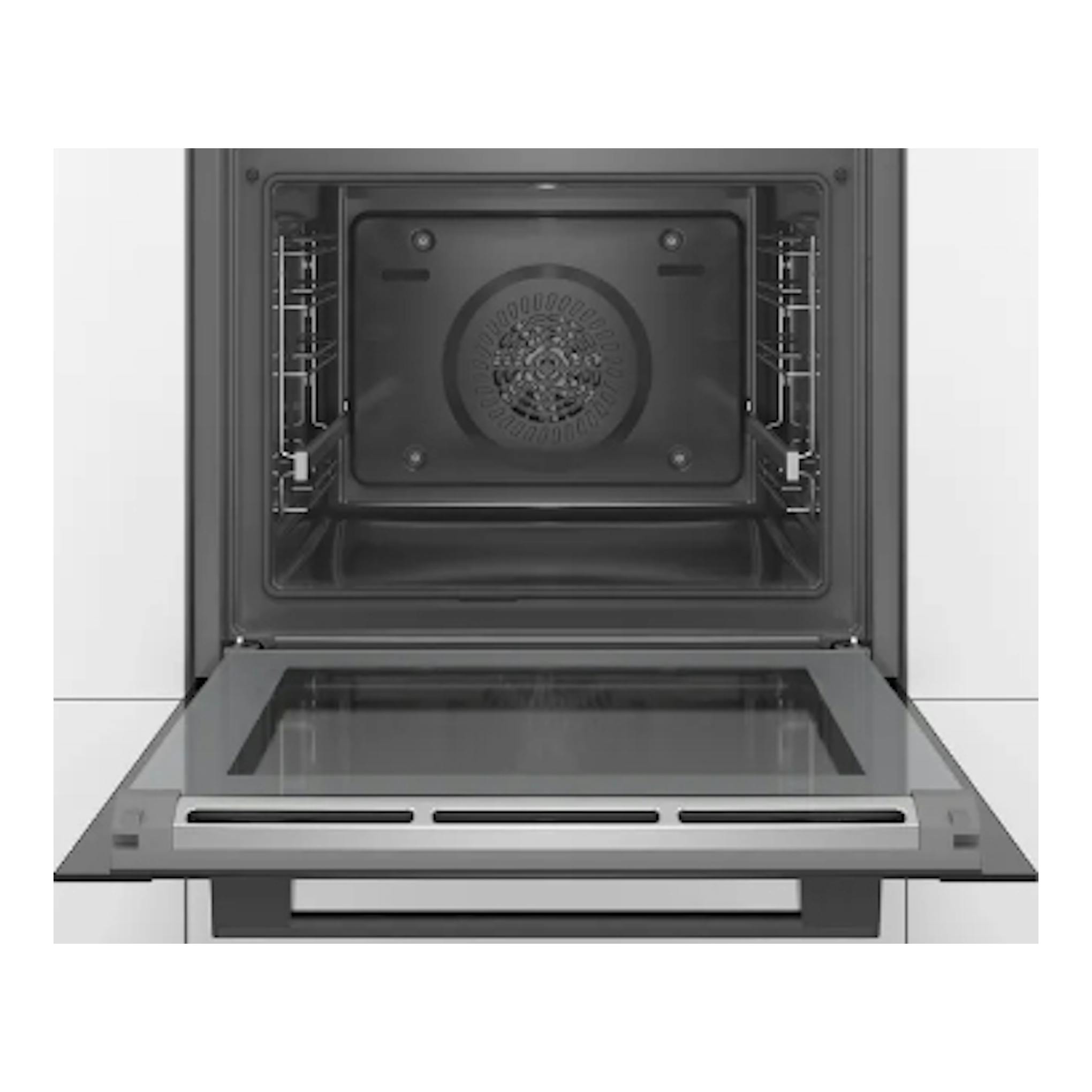 Horno Bosch HBA372EB0 negro, vista frontal con puerta abierta e interior visible.