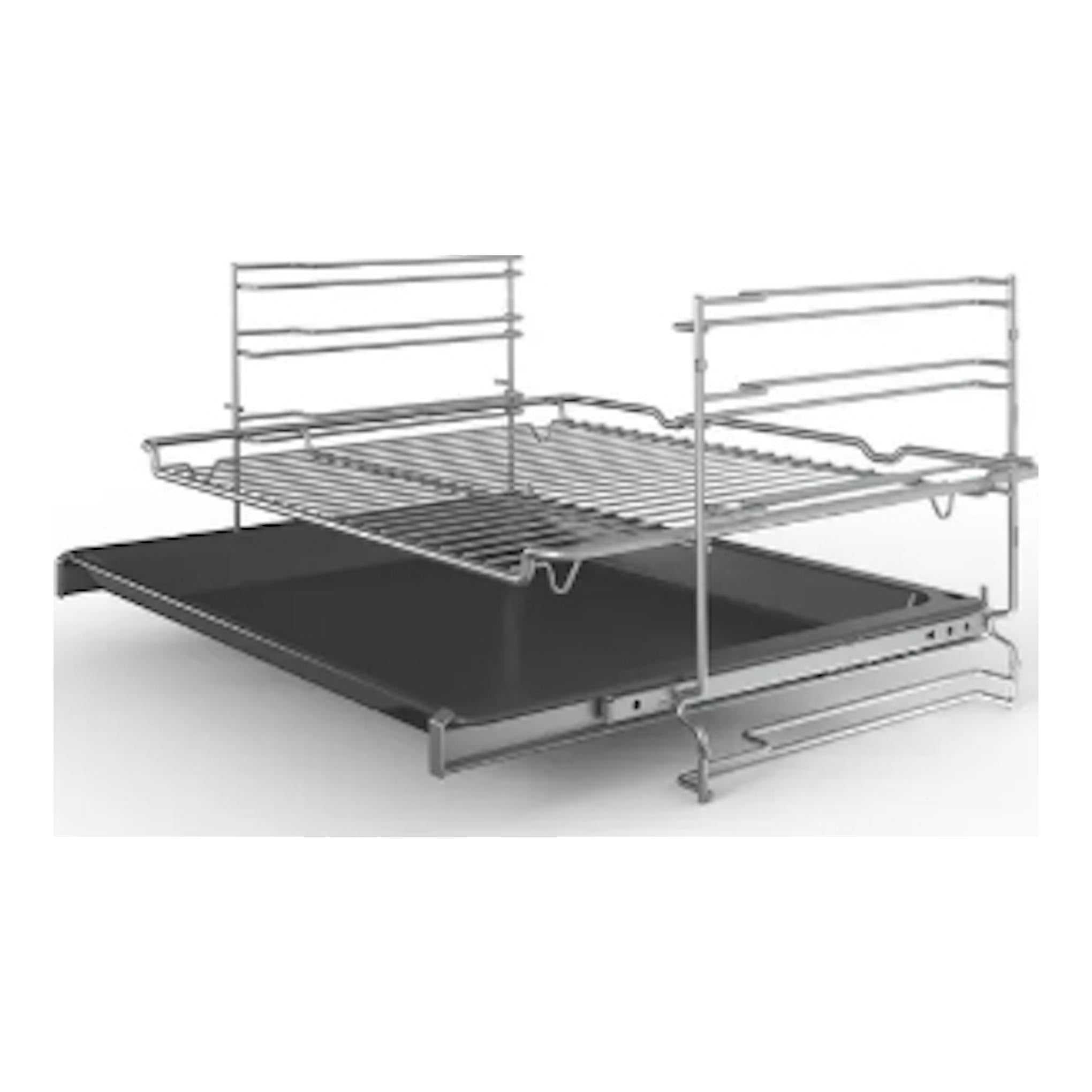 Bosch HBA372EB0, bandeja y rejillas de horno extraídas en vista lateral, en negro y metal.