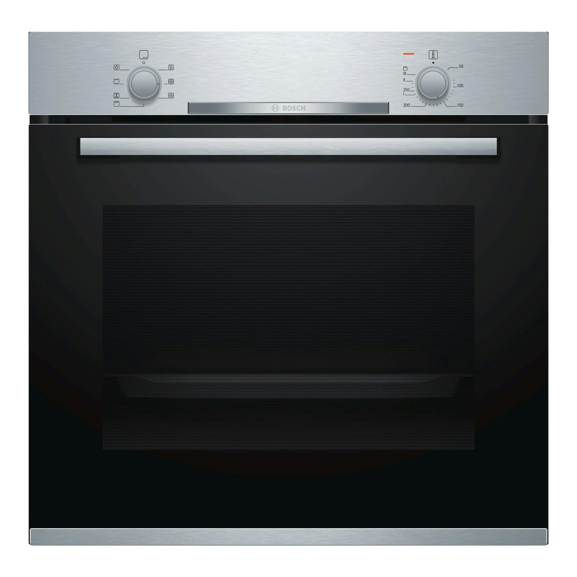 Horno Bosch HBA510BR0 Serie 2, vista frontal, acabado inox y puerta negra con dos mandos.