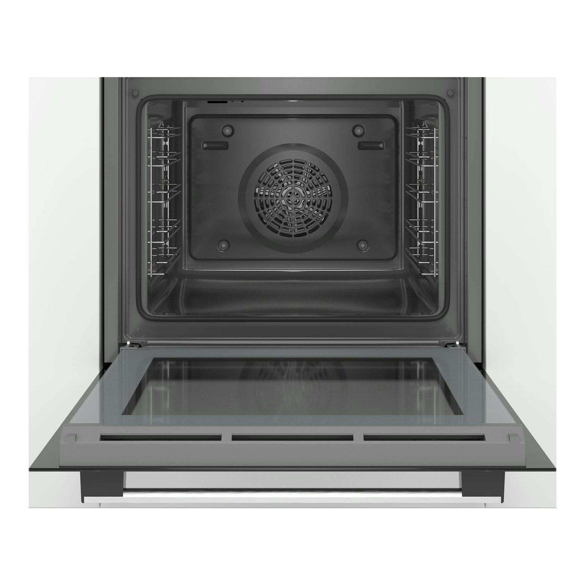 Horno Bosch HBA510BR0 Serie 2 integrable, vista frontal del interior en gris con puerta abatible abierta.