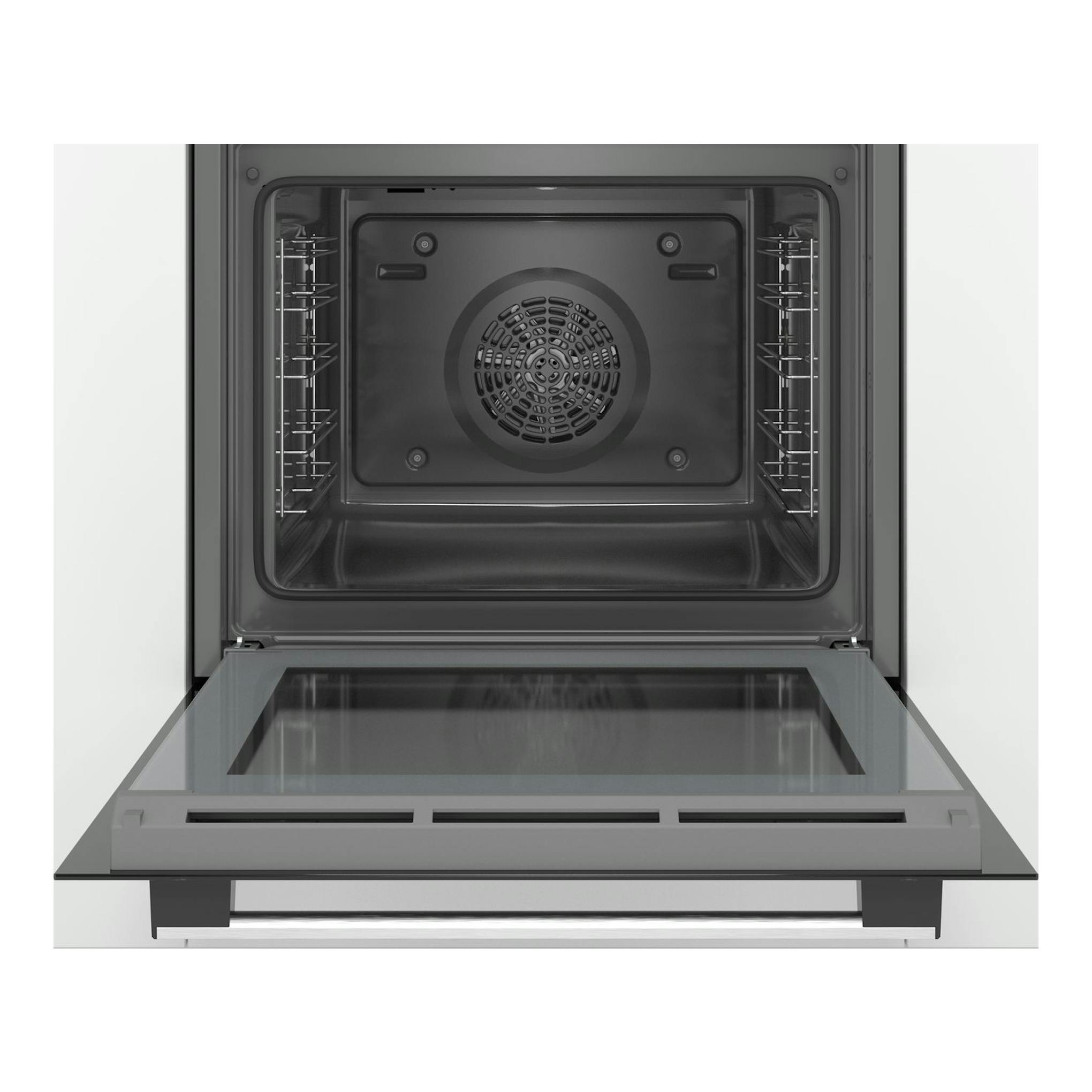 Horno Bosch HBA510BR0 Serie 2 integrable, vista frontal del interior en gris con puerta abatible abierta.