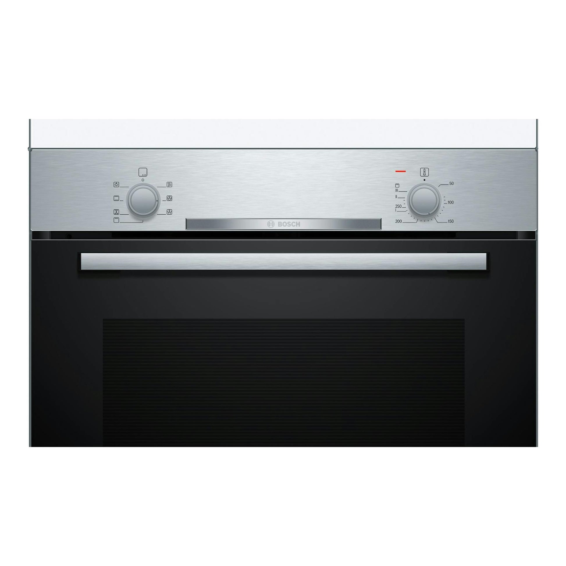 Horno Bosch HBA510BR0 Serie 2, vista frontal, acero inoxidable y negro, con dos mandos.