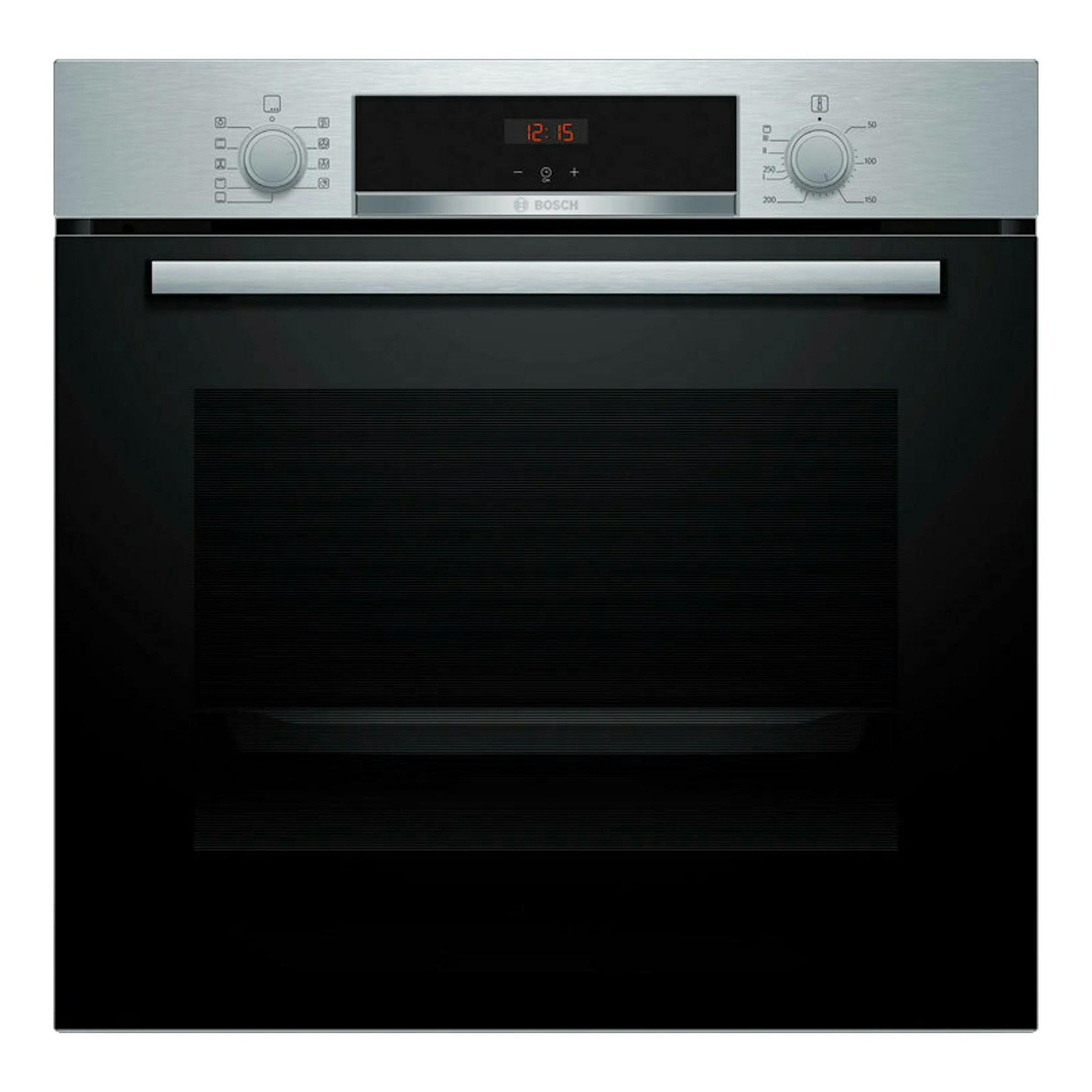 Horno Bosch HBA514ES3 en inox y cristal negro, vista frontal, con dos mandos y display central.