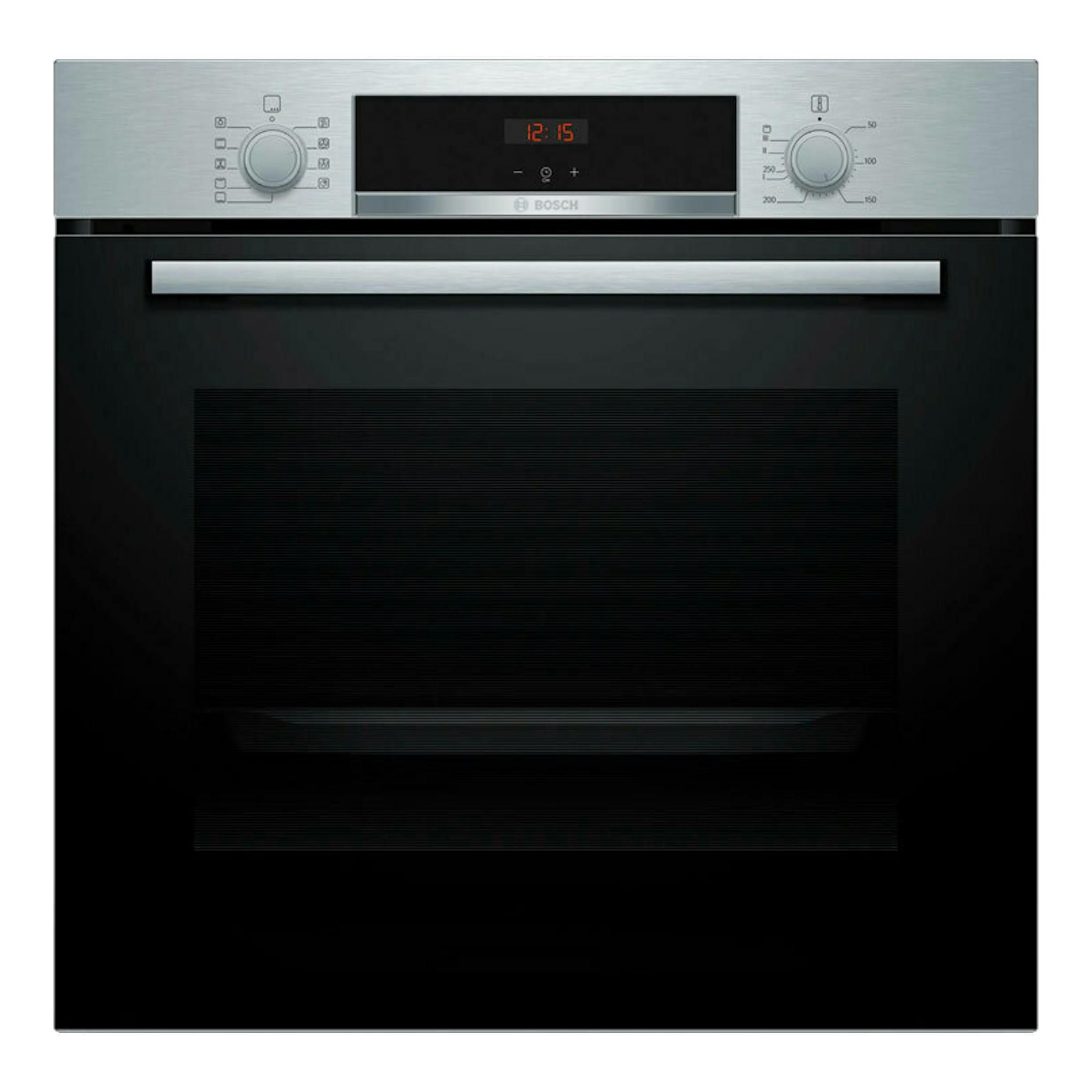 Horno Bosch HBA514ES3 en inox y cristal negro, vista frontal, con dos mandos y display central.