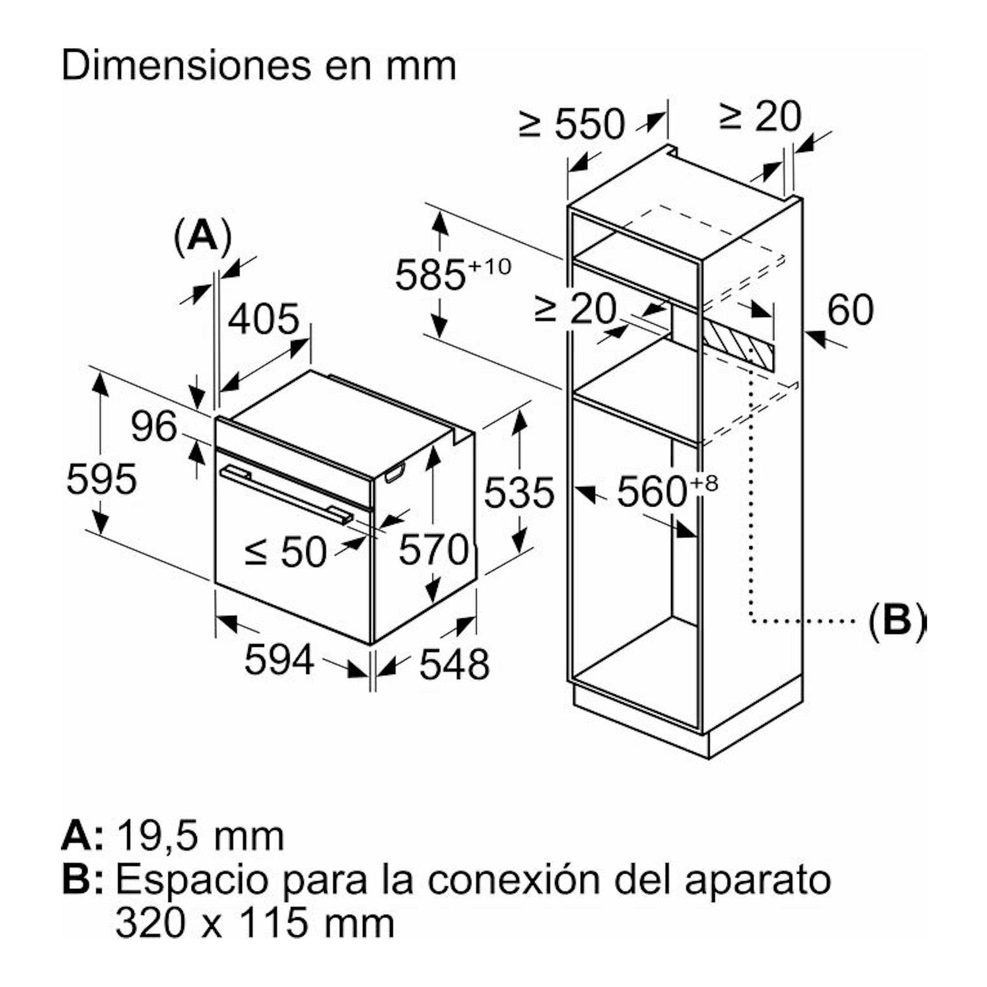 Bosch HBA514ES3 Inox: esquema técnico en blanco y negro, vista isométrica, con dimensiones de horno empotrable.