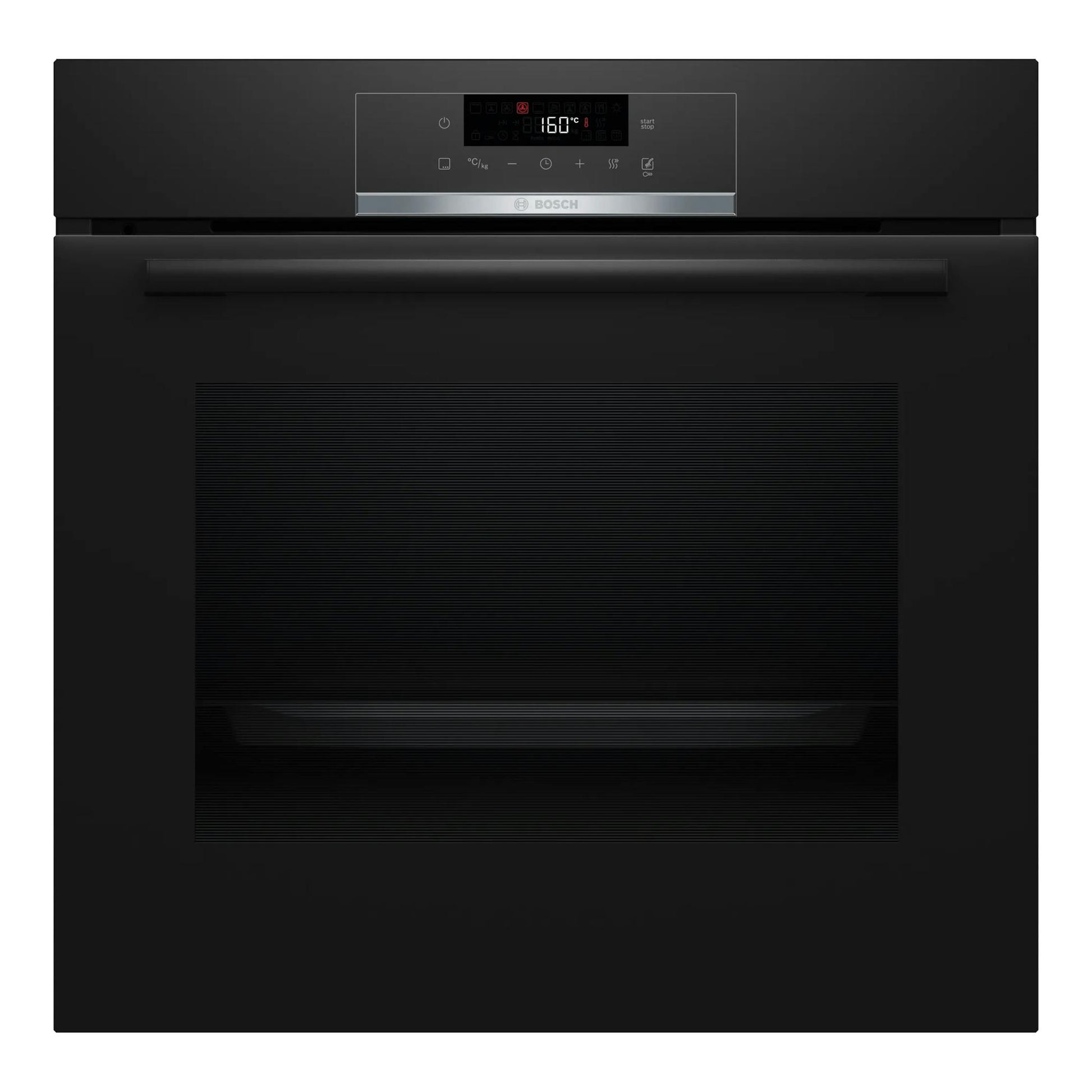 Horno Bosch HBA572BB3F negro, vista frontal, panel digital superior y puerta de cristal.