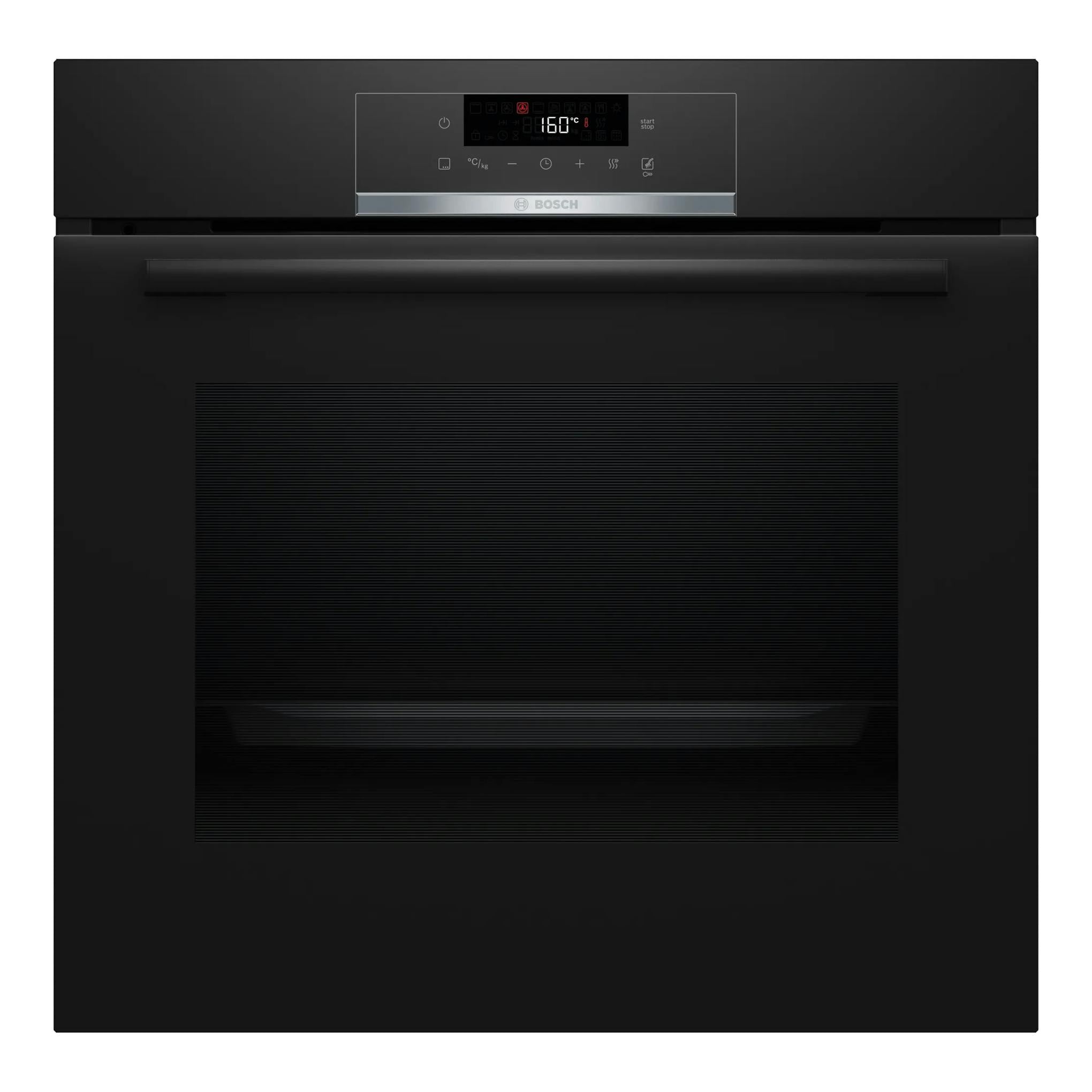 Horno Bosch HBA572BB3F negro, vista frontal, panel digital superior y puerta de cristal.