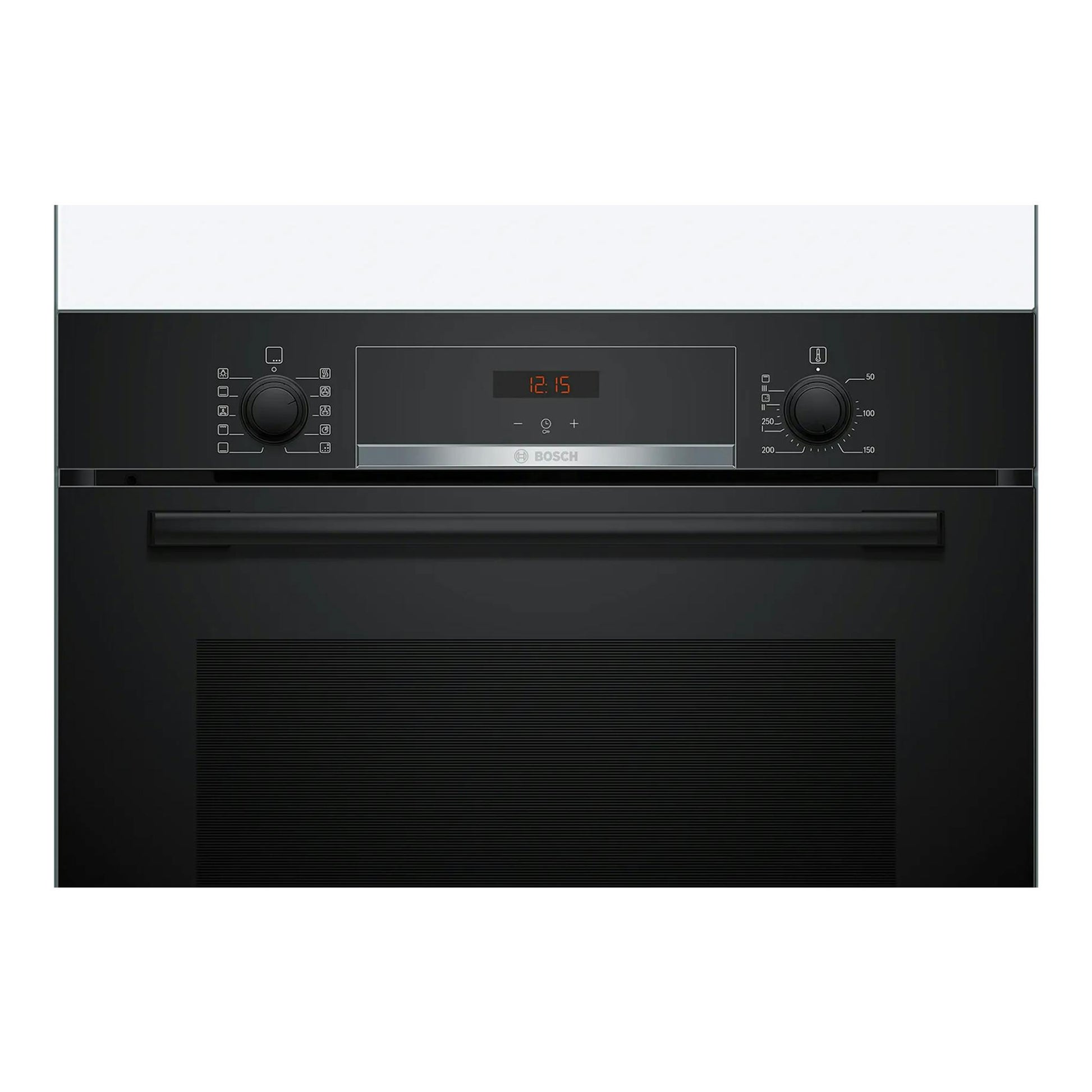 Horno Bosch HBA572BB3F negro, vista frontal, con panel digital y dos mandos de control.