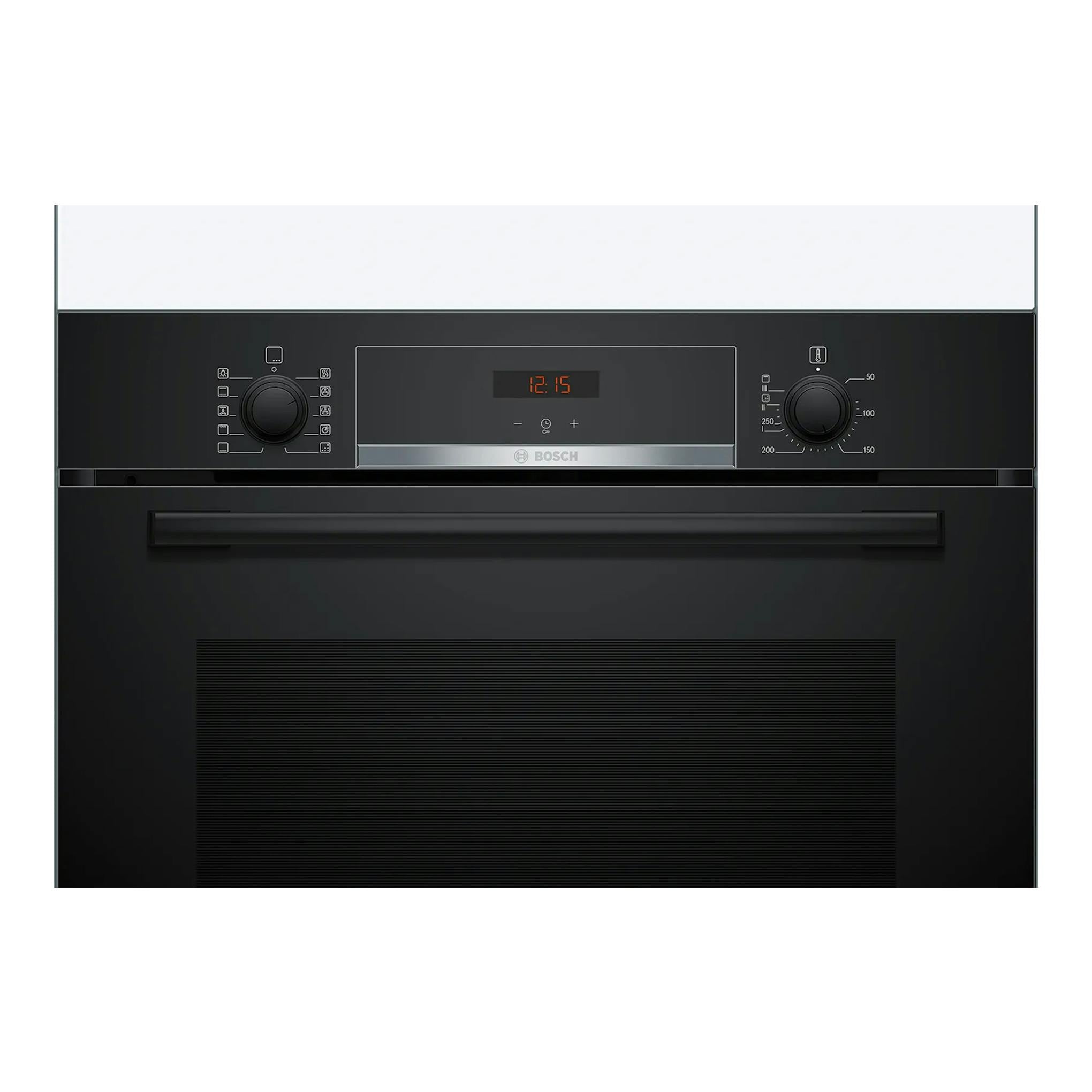 Horno Bosch HBA572BB3F negro, vista frontal, con panel digital y dos mandos de control.