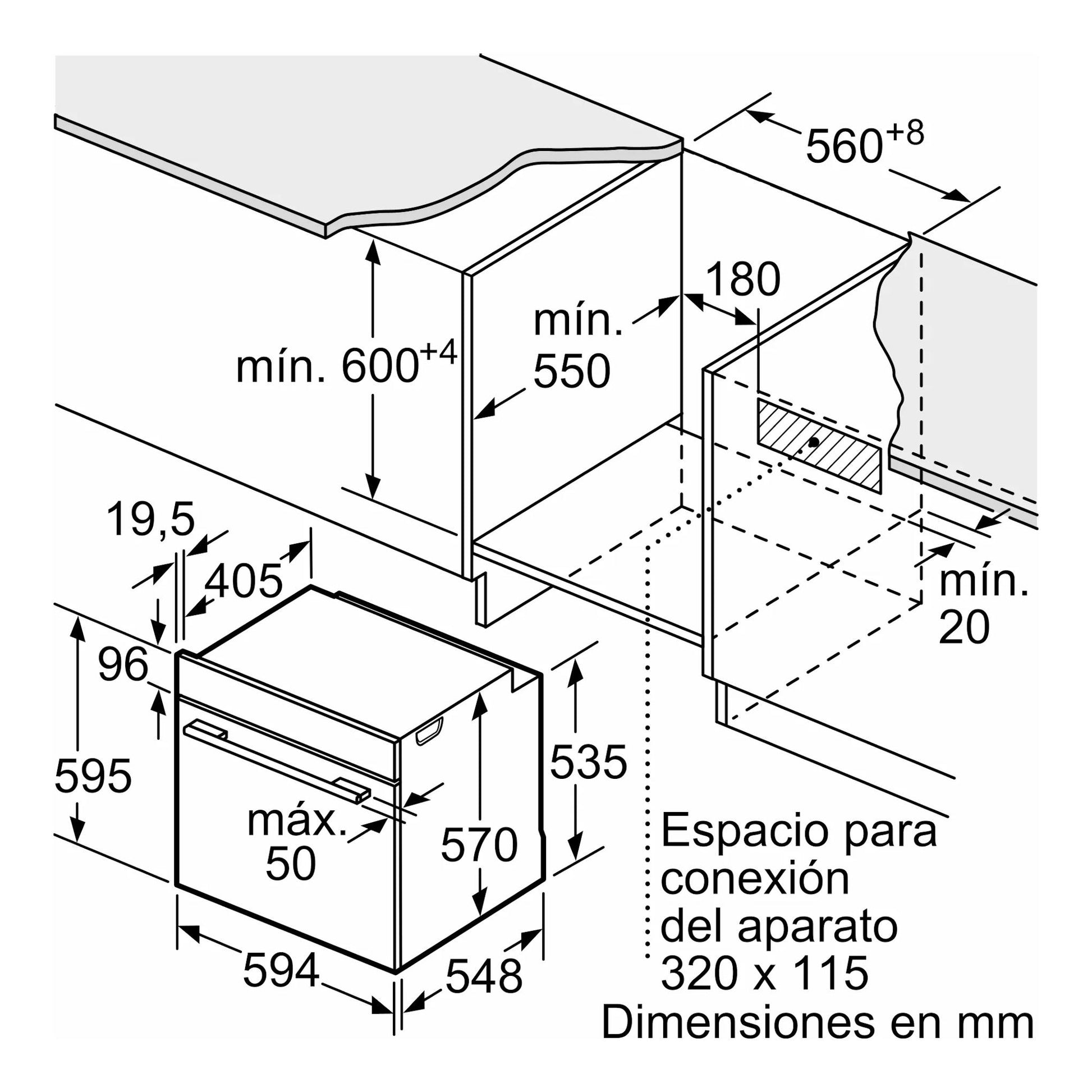Bosch HBA572BB3F: esquema técnico de horno empotrable negro con medidas de instalación en mm.