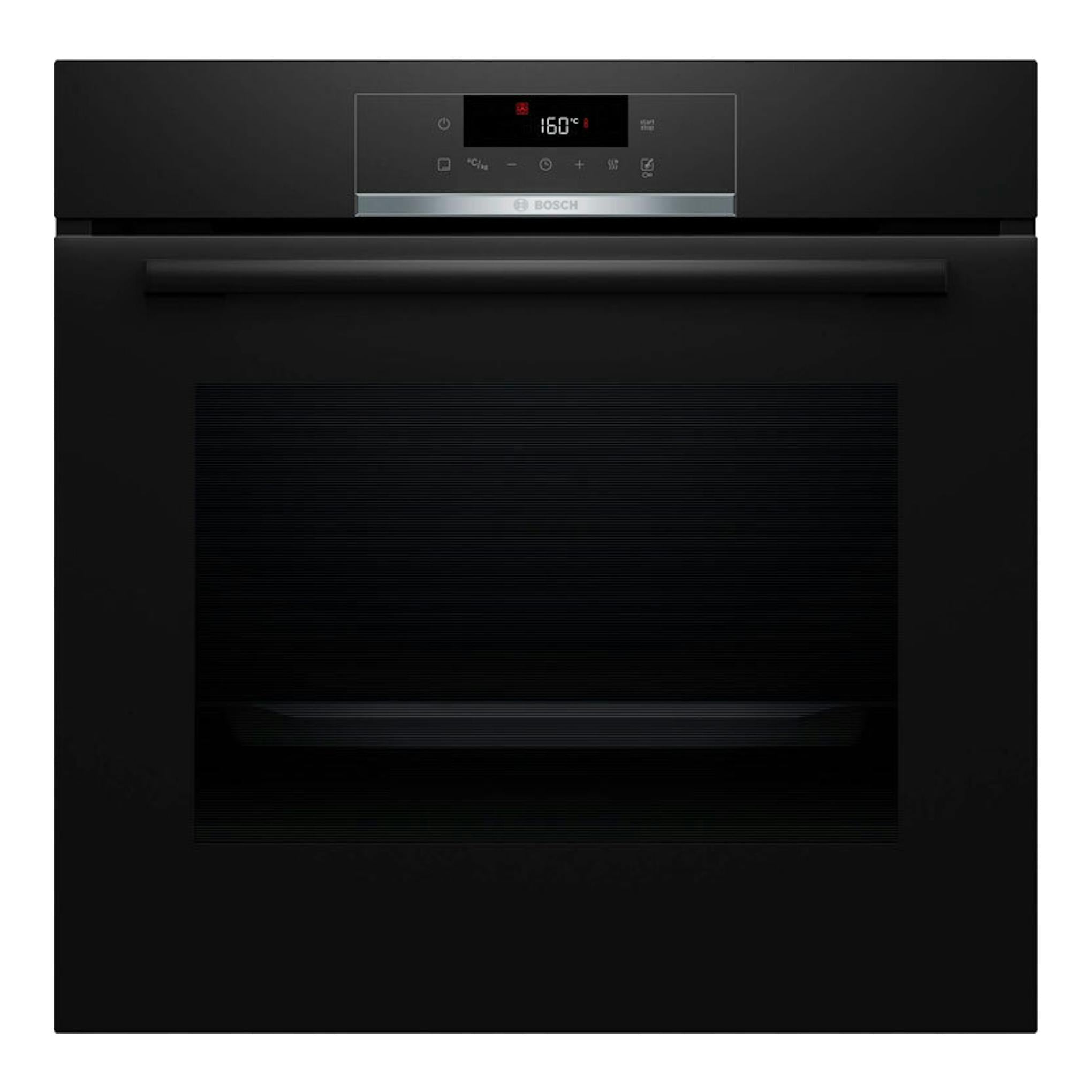 Horno empotrable Bosch HBA572EB3 negro, vista frontal, con panel digital y puerta de cristal.