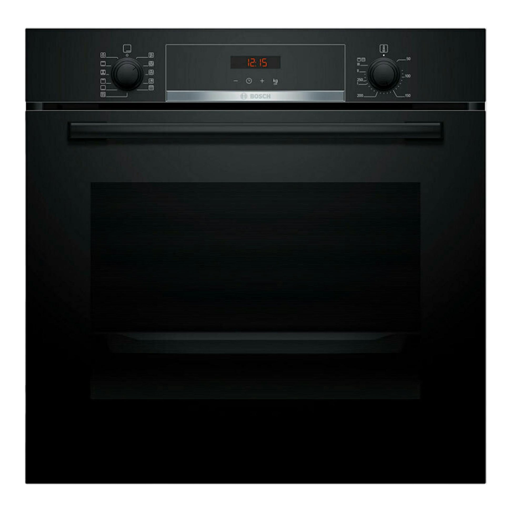 Horno Bosch HBA574BB3 negro, vista frontal con panel digital y dos mandos.