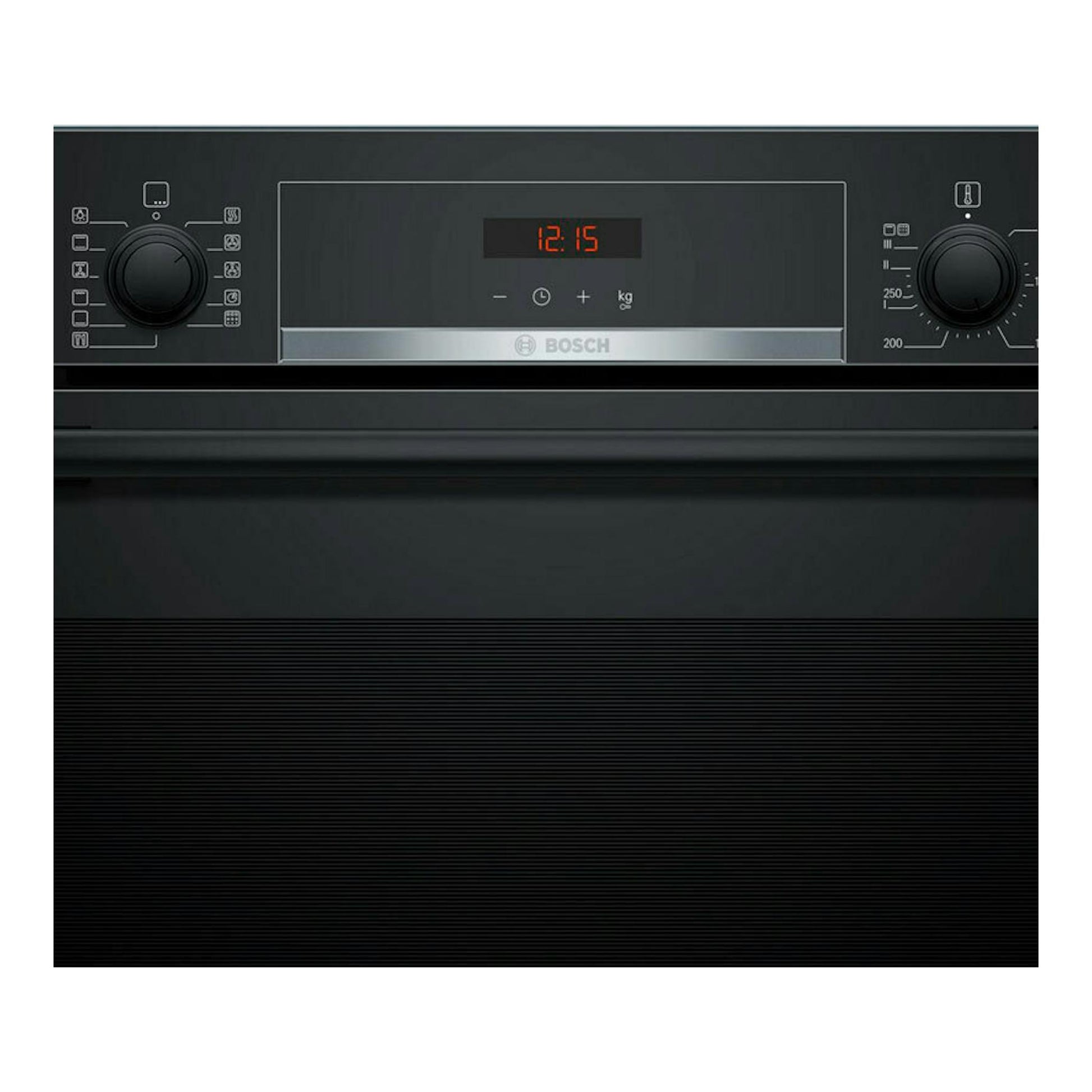 Horno Bosch HBA574BB3 negro, vista frontal, con dos mandos, pantalla digital y puerta de vidrio negro.