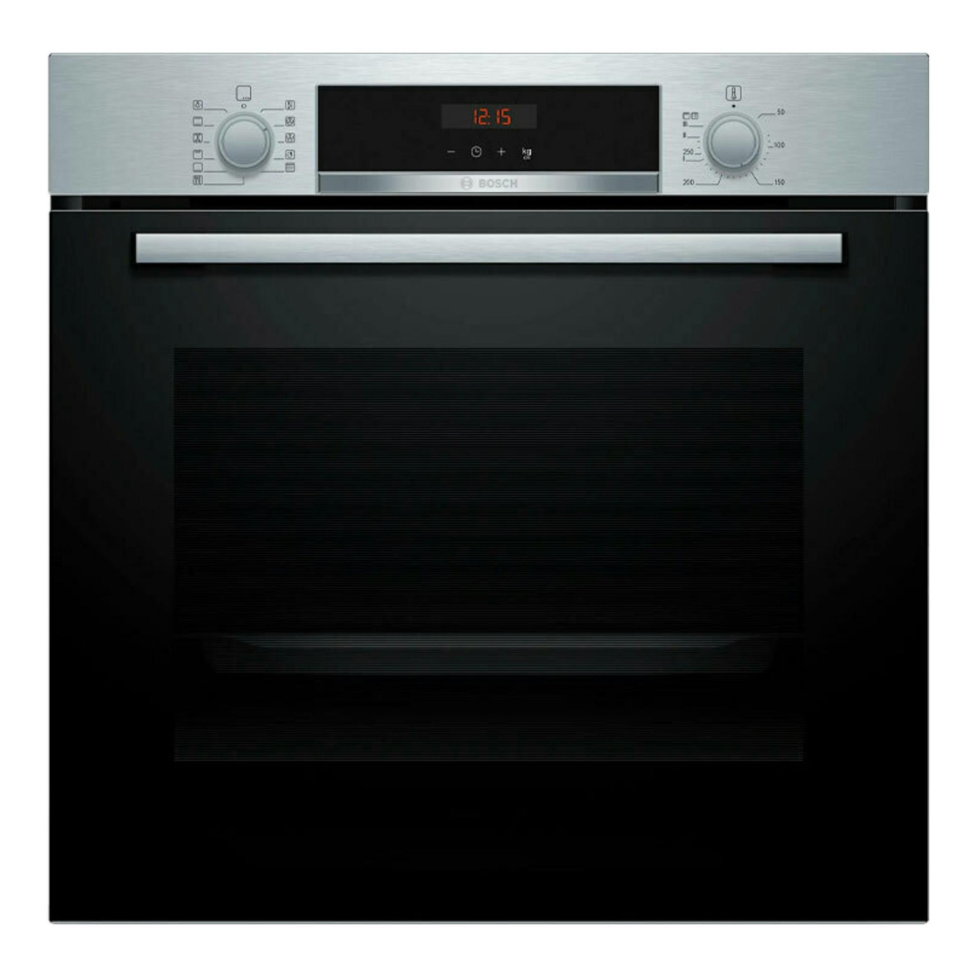 Horno Bosch HBA574ES3 inox, vista frontal, puerta negra con panel superior de acero y dos mandos.