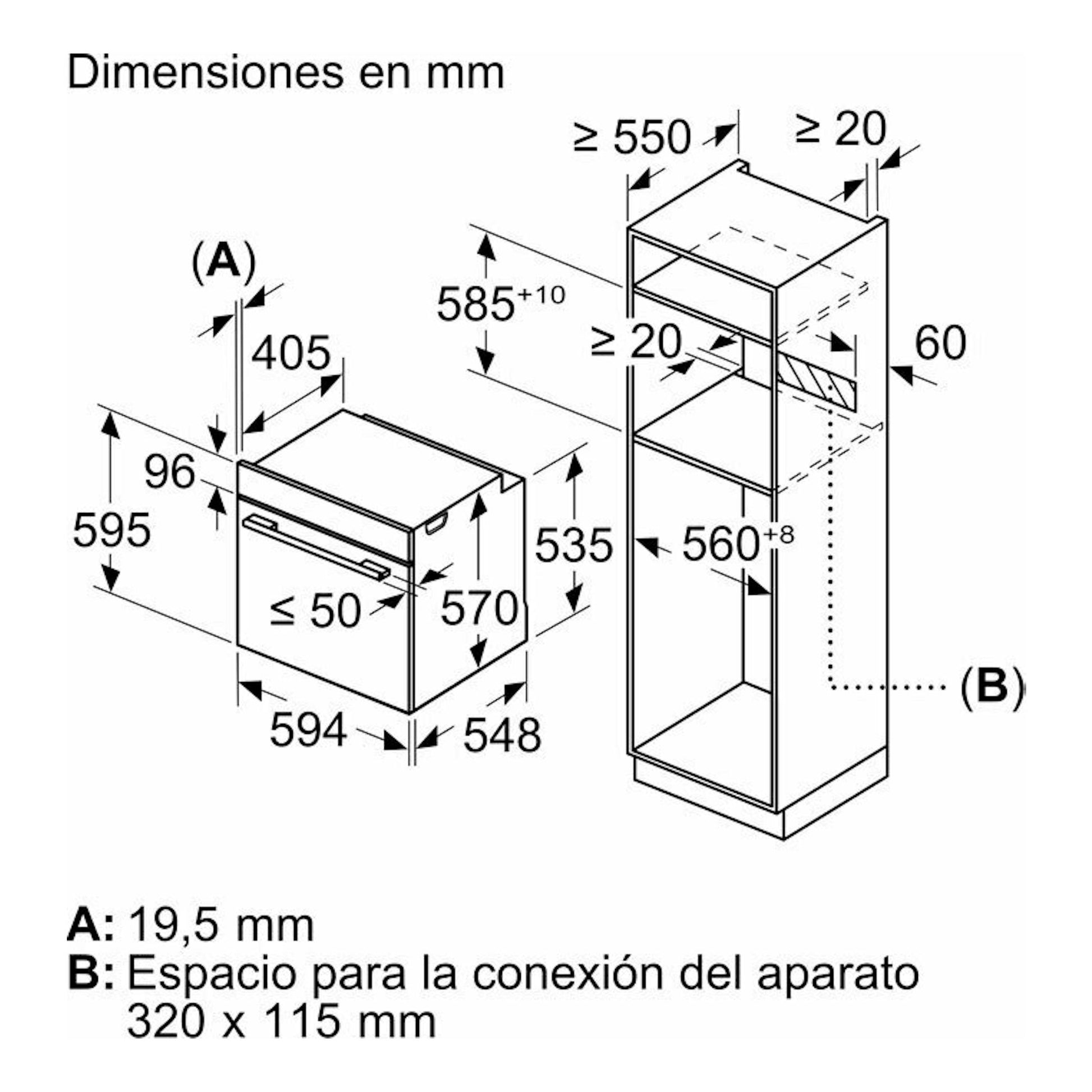 Bosch HBA574ES3 inox: esquema técnico con medidas del horno y hueco de instalación.