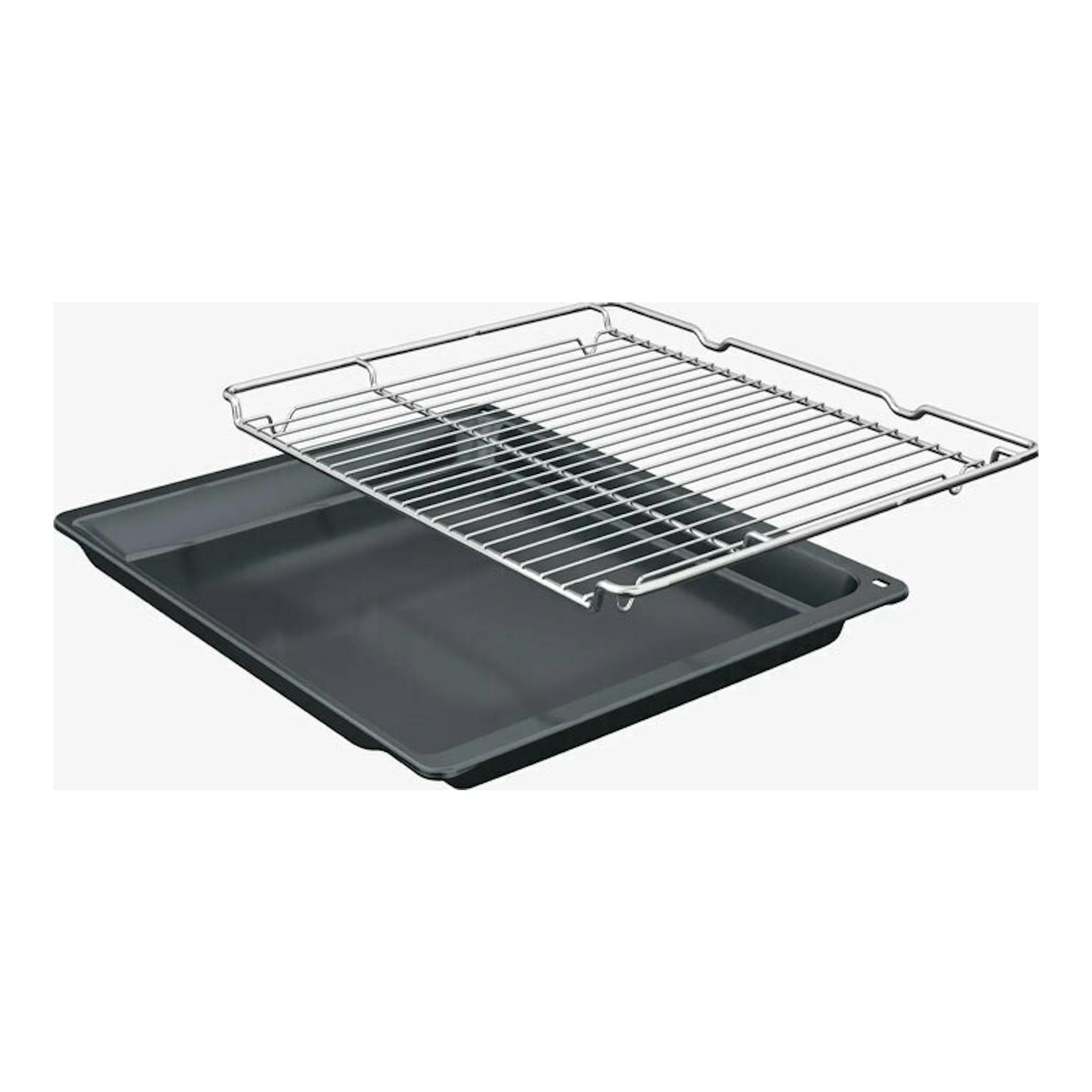 Bandeja y rejilla de horno Bosch HBA574ES3, vista en ángulo sobre fondo blanco.