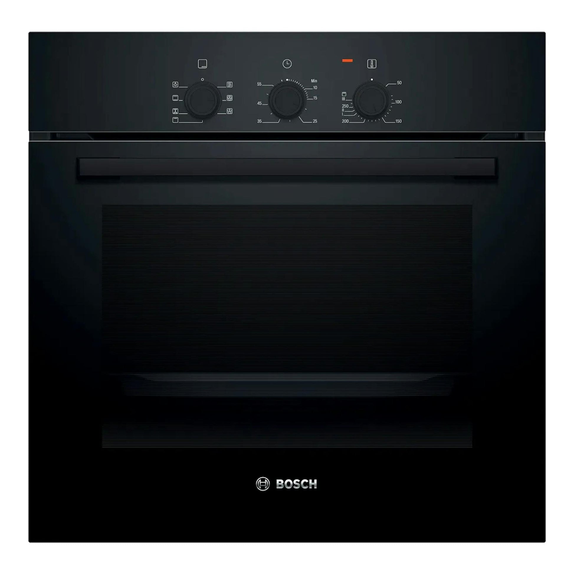 Horno Bosch HBF011BA2 negro, vista frontal, empotrable, con tres mandos y puerta de cristal.