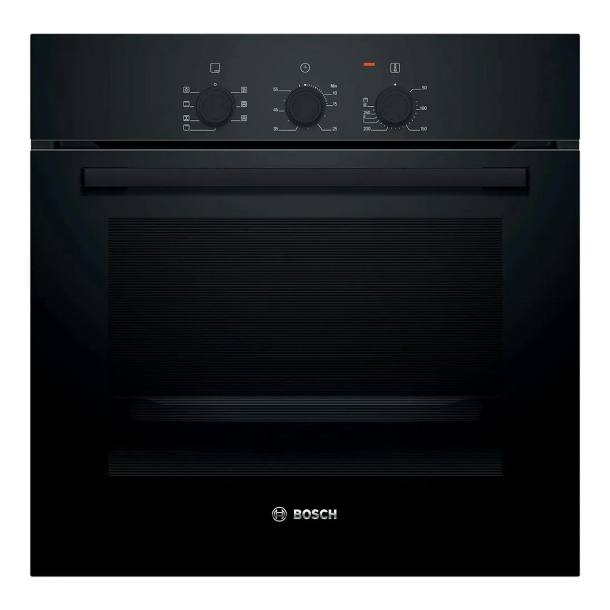 Horno Bosch HBF011BA2 negro, vista frontal, empotrable, con tres mandos y puerta de cristal.