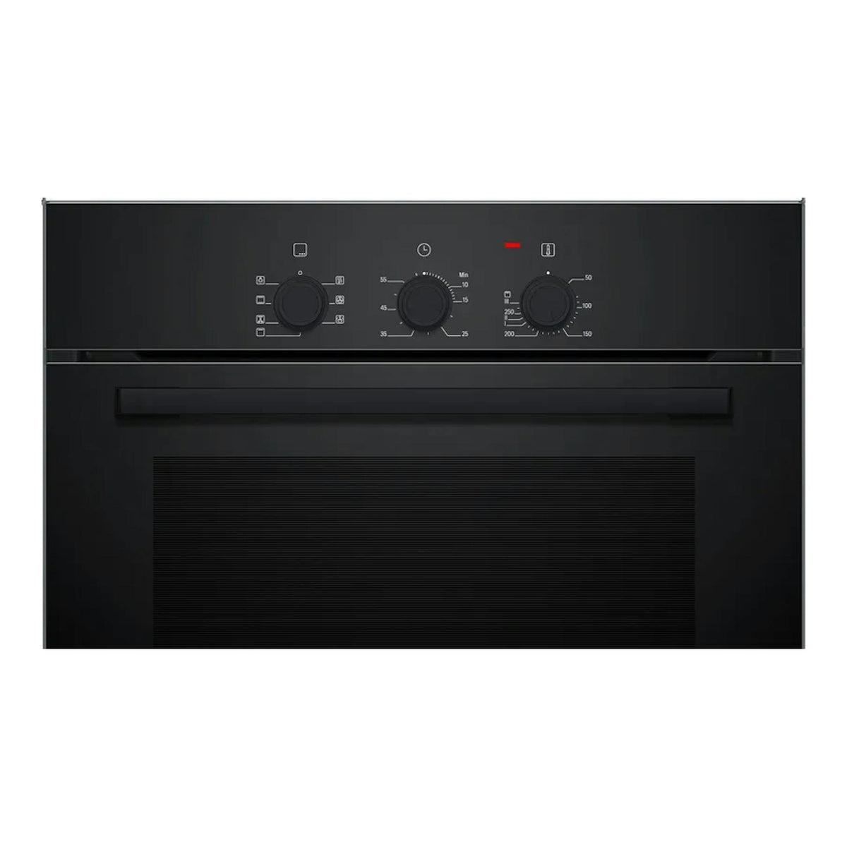 Horno Bosch HBF011BA2 negro, vista frontal, con tres mandos giratorios y panel de control superior.