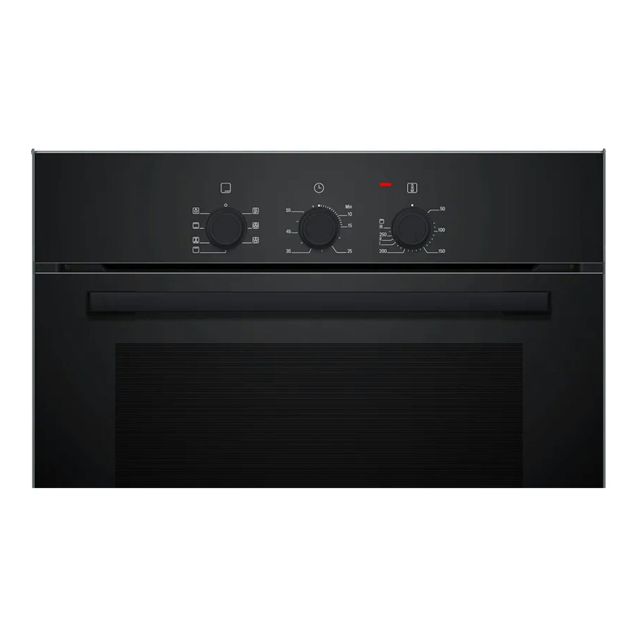 Horno Bosch HBF011BA2 negro, vista frontal, con tres mandos giratorios y panel de control superior.