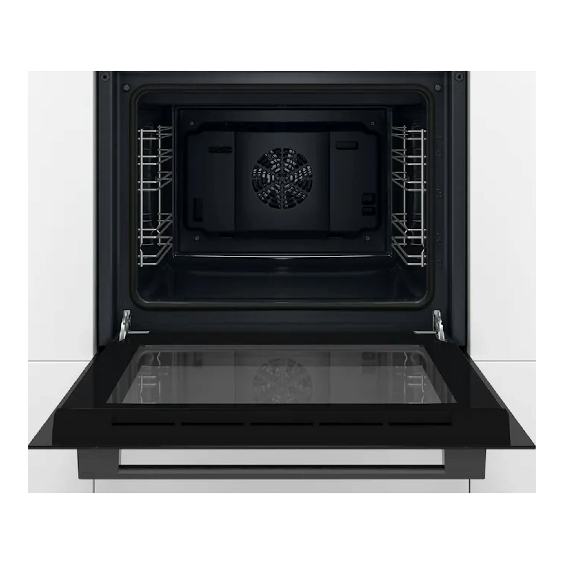 Horno integrable Bosch HBF011BA2 negro, vista frontal abierto con puerta abatible e interior visible.