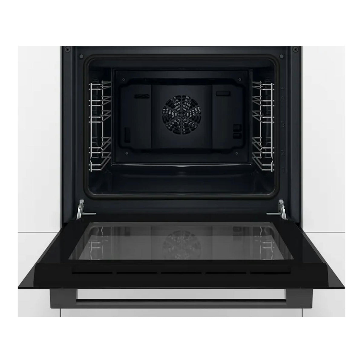 Horno integrable Bosch HBF011BA2 negro, vista frontal abierto con puerta abatible e interior visible.