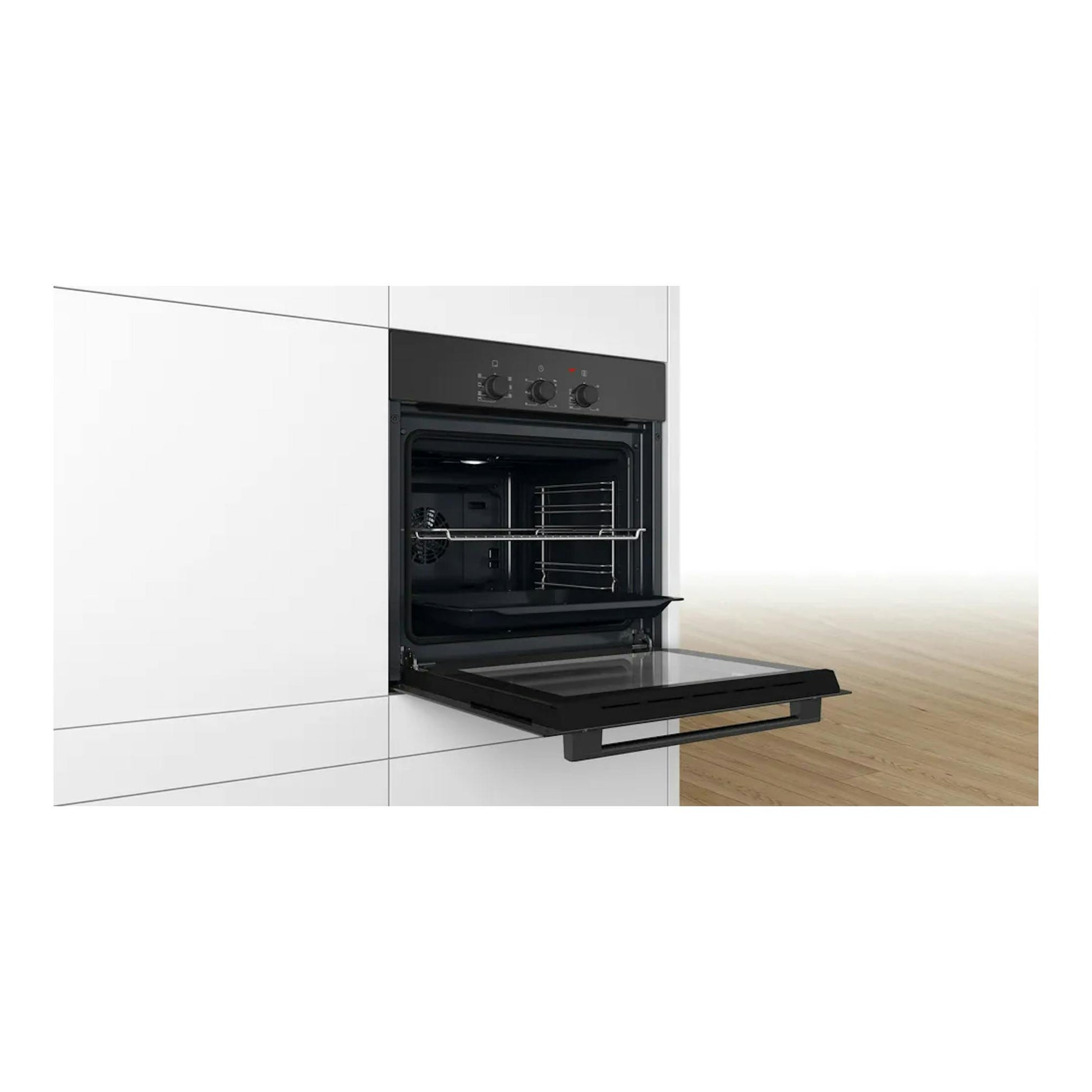 Horno Bosch HBF011BA2 negro integrable, visto de frente con la puerta abierta y el interior visible.