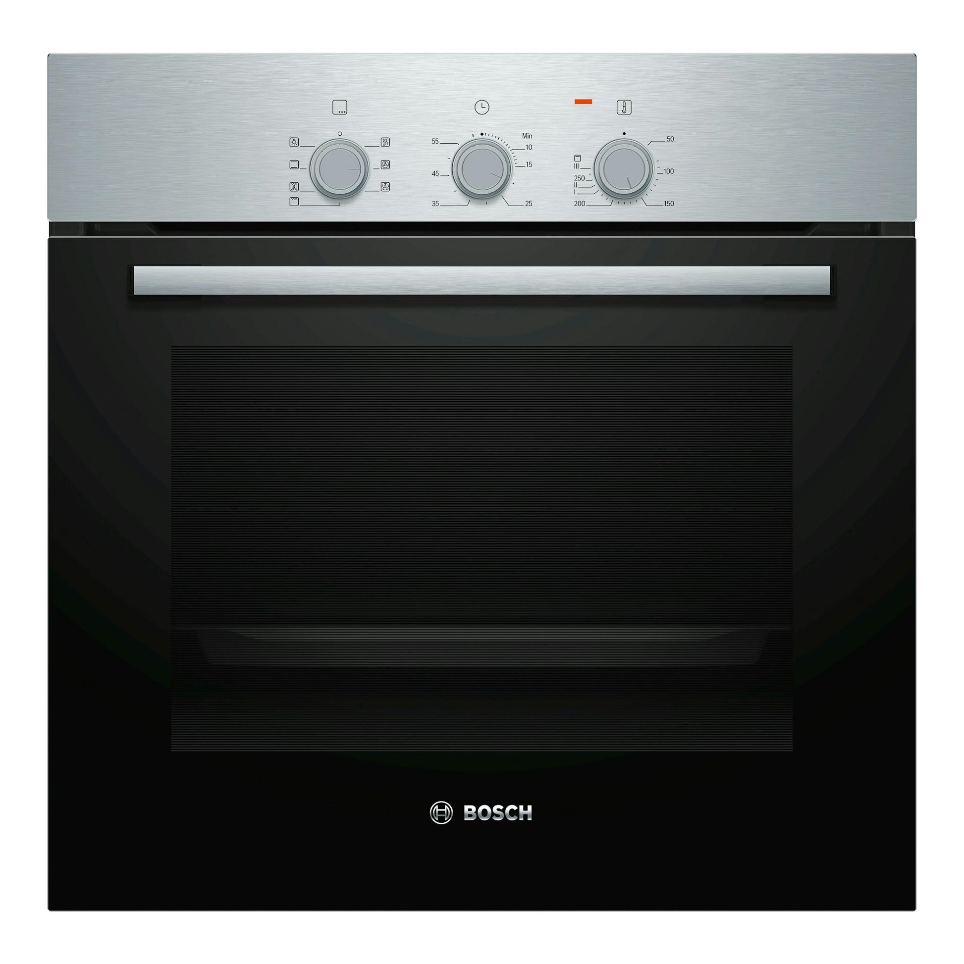 Horno Bosch HBF011BR0 integrable, vista frontal, inox y cristal negro, con tres mandos giratorios.