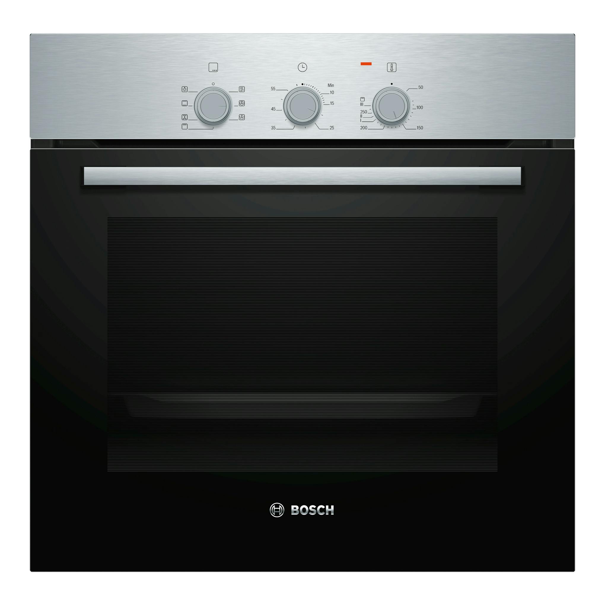 Horno Bosch HBF011BR0 integrable, vista frontal, inox y cristal negro, con tres mandos giratorios.