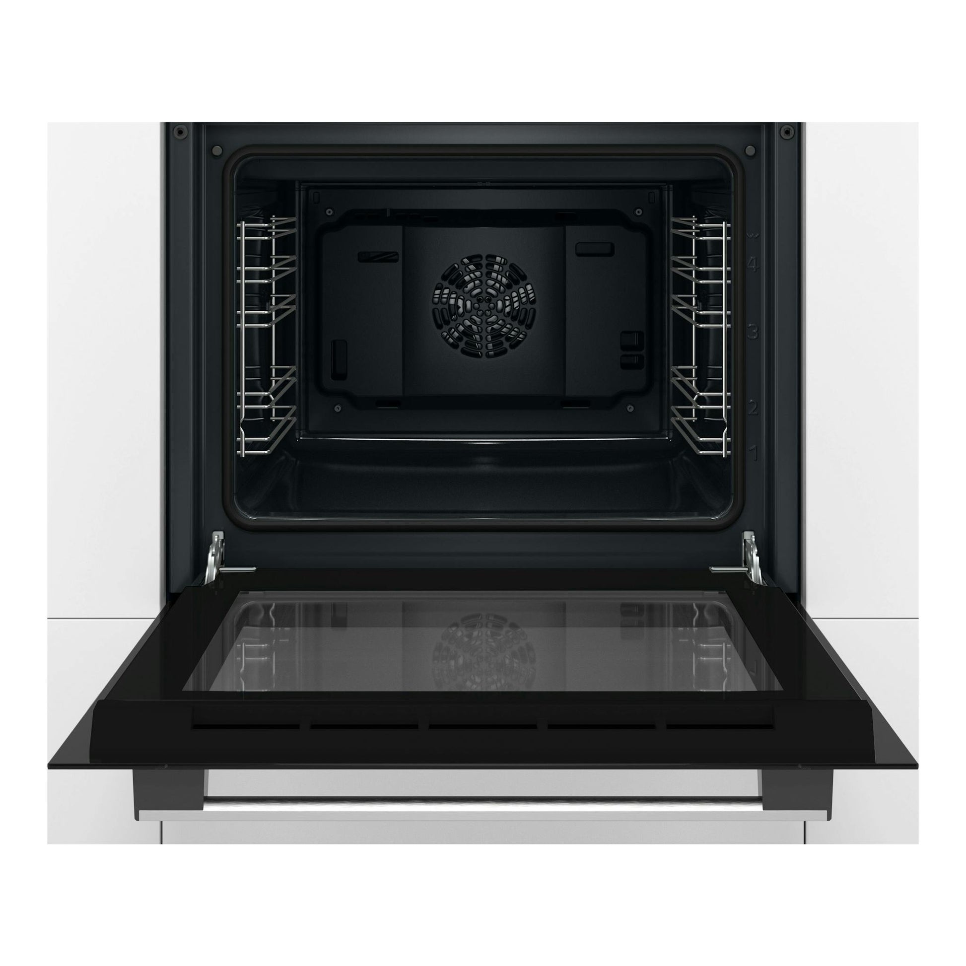 Horno Bosch HBF011BR0 negro, vista frontal con la puerta abatida y el interior visible.