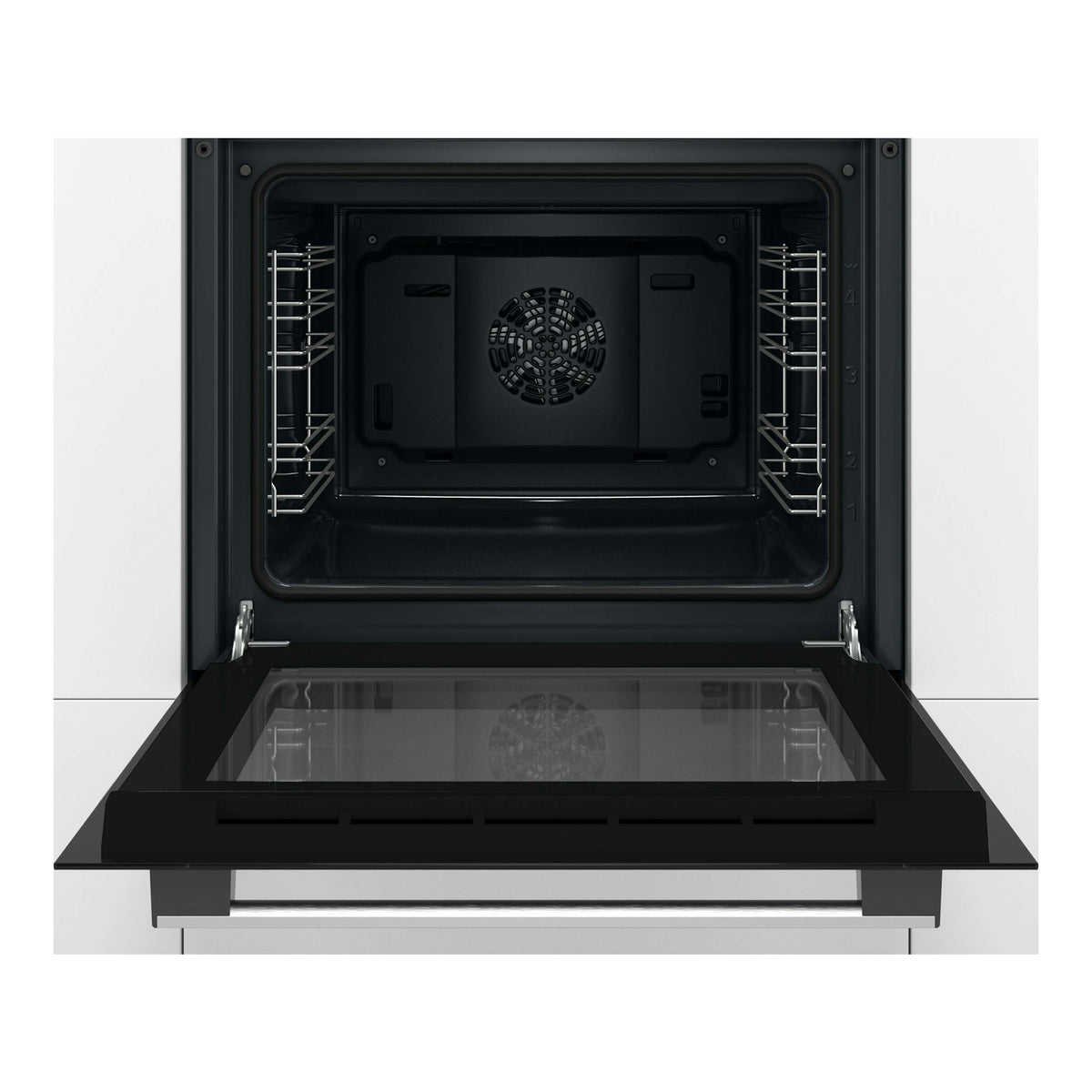 Horno Bosch HBF011BR0 negro, vista frontal con la puerta abatida y el interior visible.