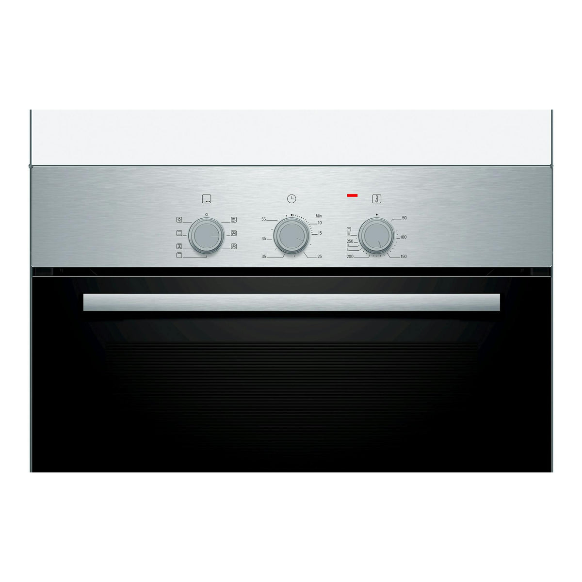 Horno Bosch HBF011BR0 integrable de inox, vista frontal con tres mandos y puerta de vidrio negro.