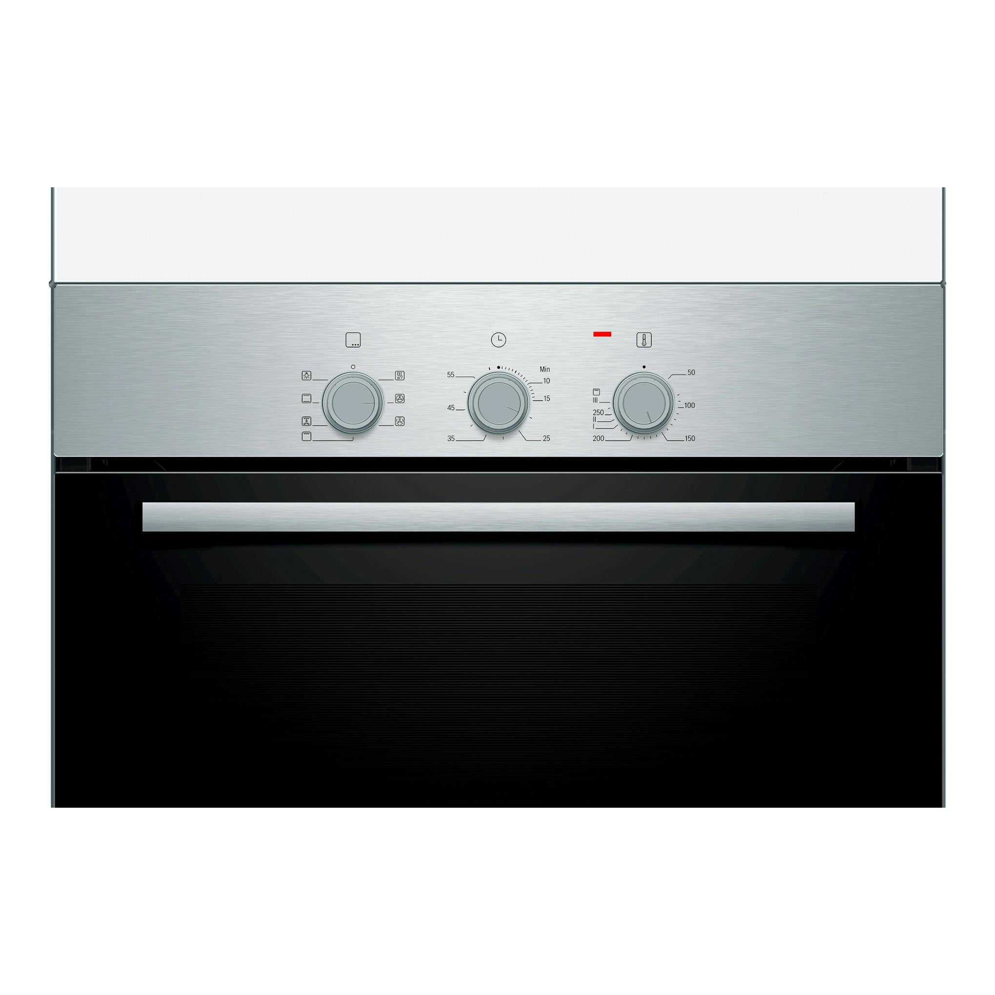 Horno Bosch HBF011BR0 integrable de inox, vista frontal con tres mandos y puerta de vidrio negro.
