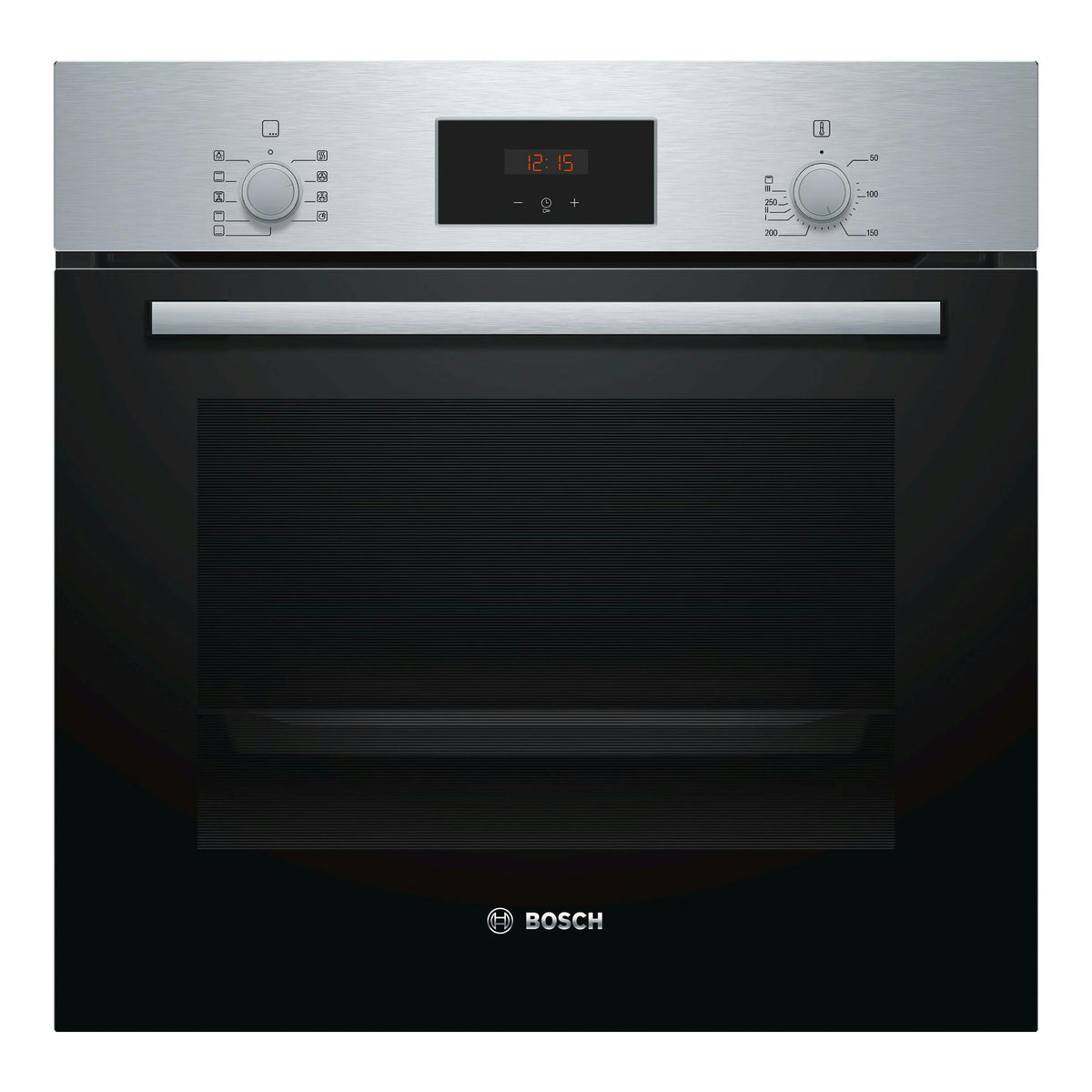 Horno Bosch HBF114BS1 de acero inox y puerta de vidrio negro, vista frontal con panel digital.