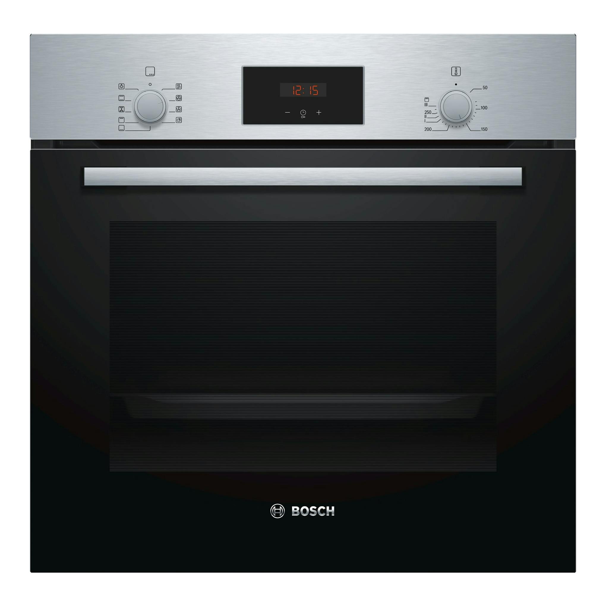 Horno Bosch HBF114BS1 de acero inox y puerta de vidrio negro, vista frontal con panel digital.
