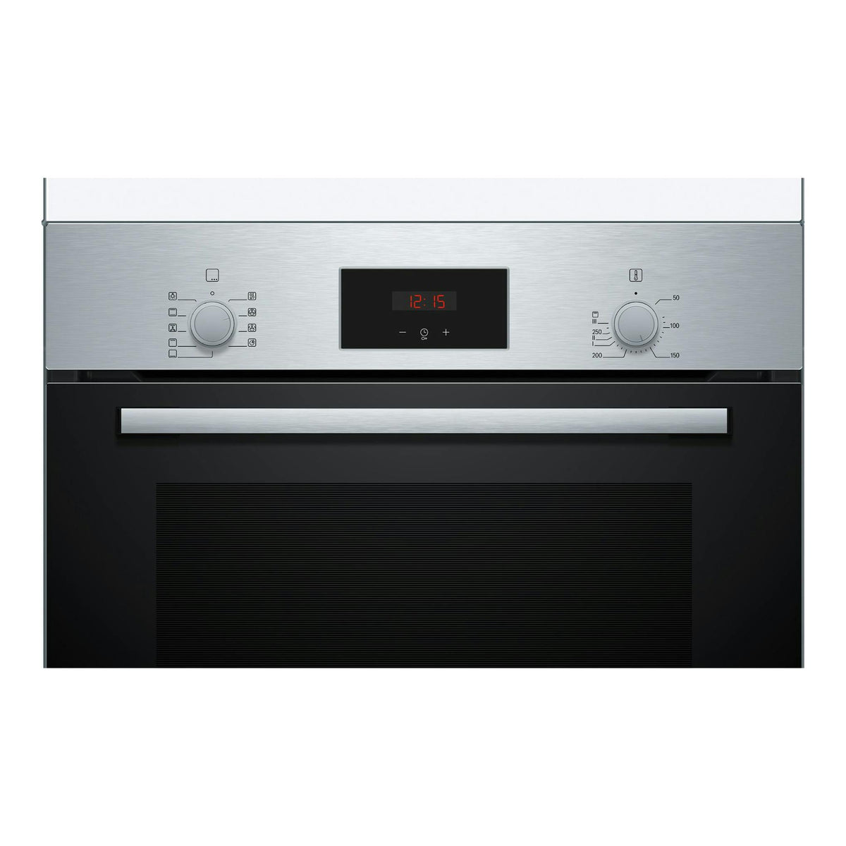 Horno Bosch HBF114BS1 de acero inoxidable, vista frontal con panel digital y dos mandos.