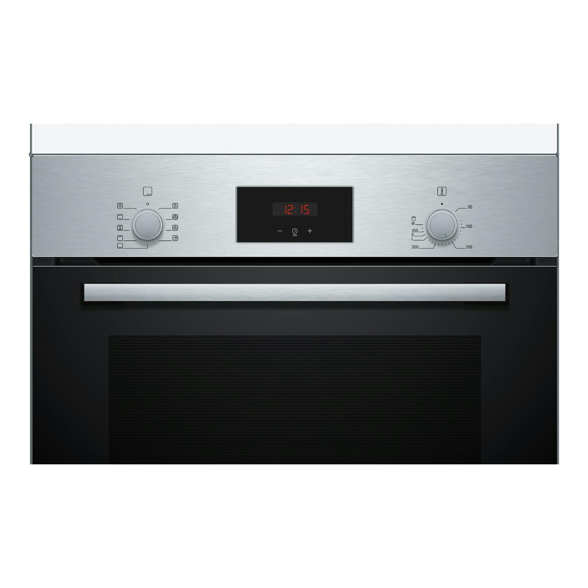 Horno Bosch HBF114BS1 de acero inoxidable, vista frontal con panel digital y dos mandos.