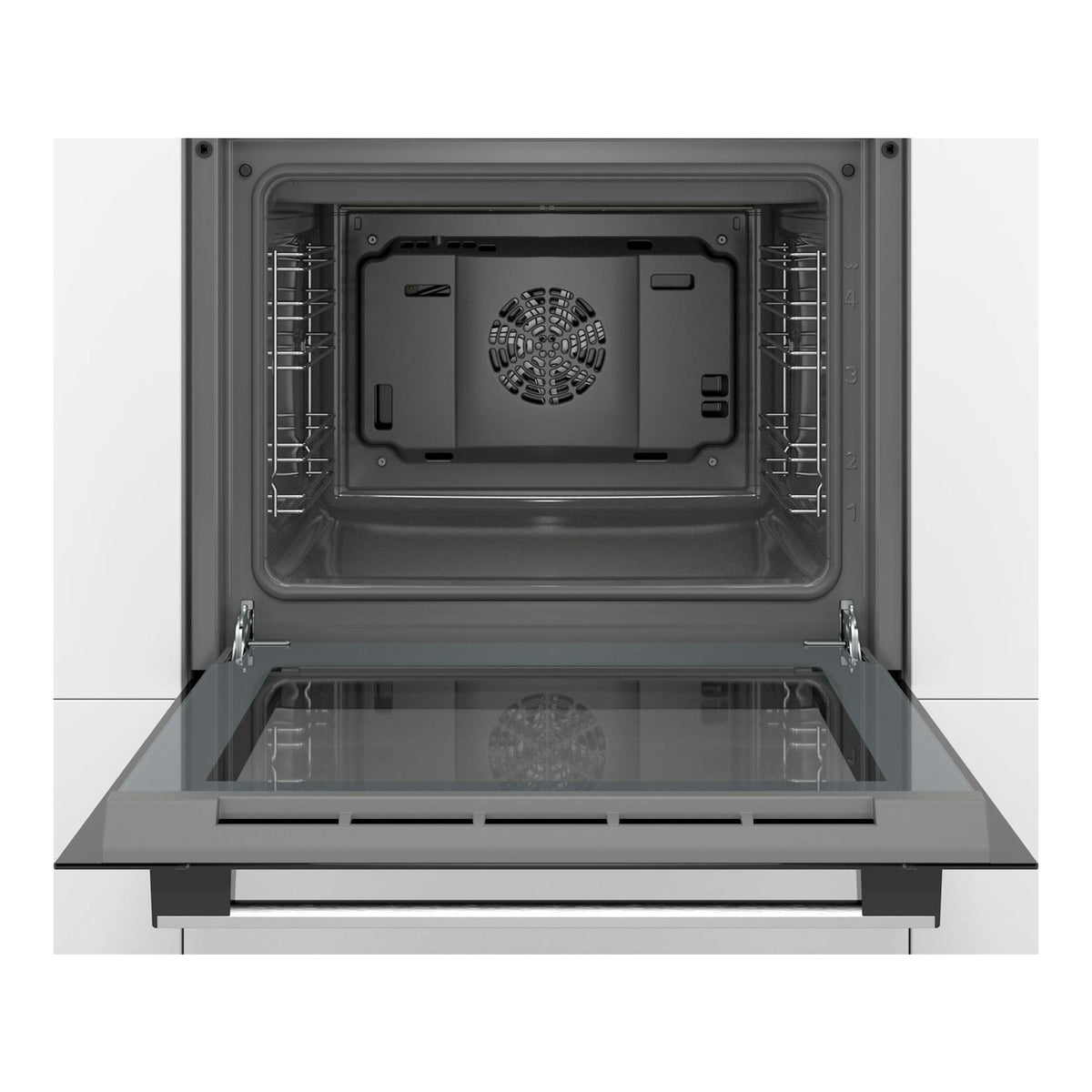 Horno Bosch HBF114BS1 de acero inox, puerta abatible abierta, vista frontal del interior.
