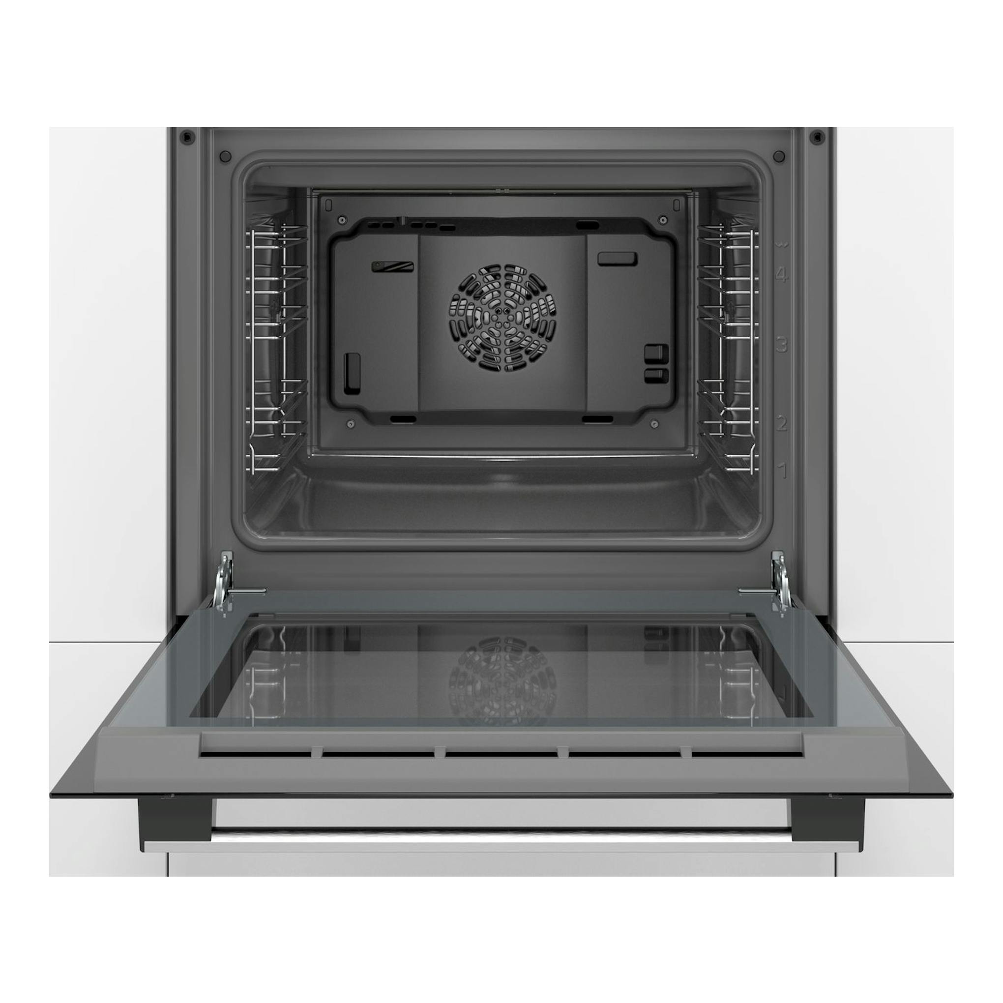 Horno Bosch HBF114BS1 de acero inox, puerta abatible abierta, vista frontal del interior.