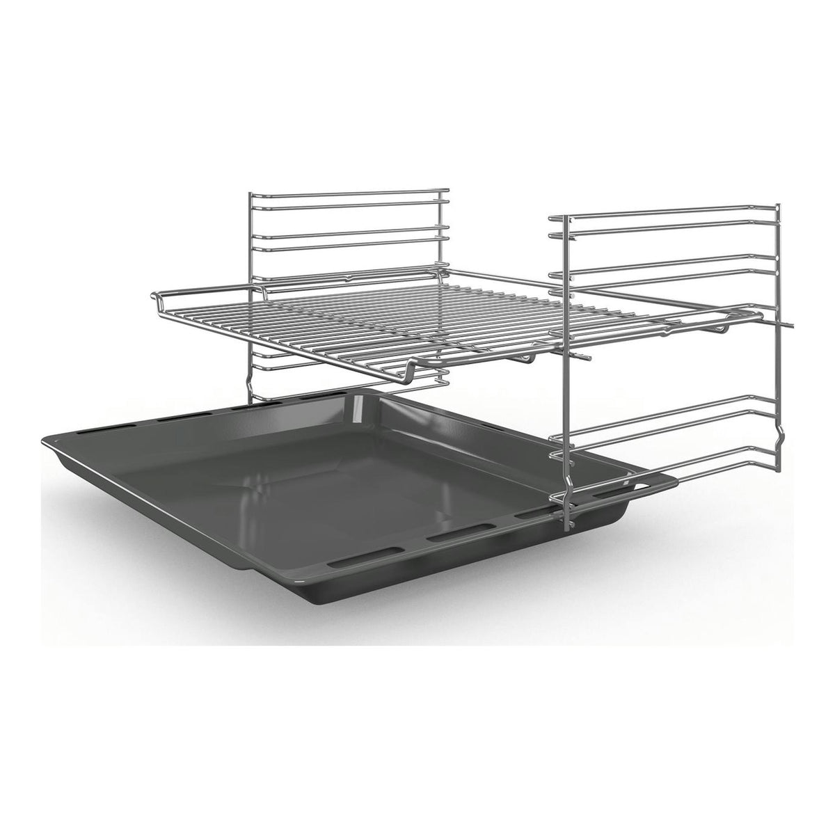 Bosch HBF114BS1: bandeja y rejillas metálicas extraíbles de horno, vista en ángulo sobre fondo blanco.