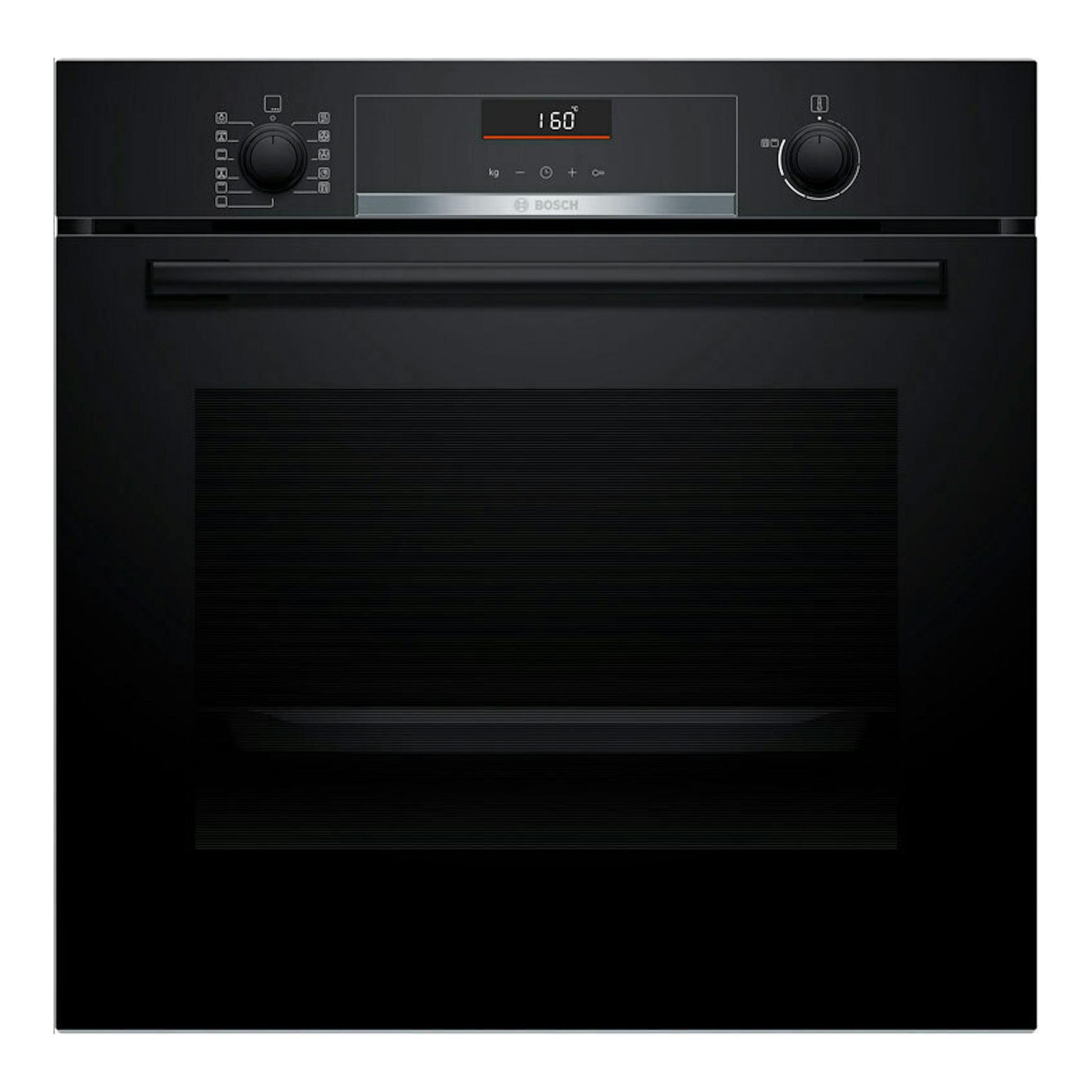 Horno Bosch HBG536EB4 negro, vista frontal, con panel digital y dos mandos.