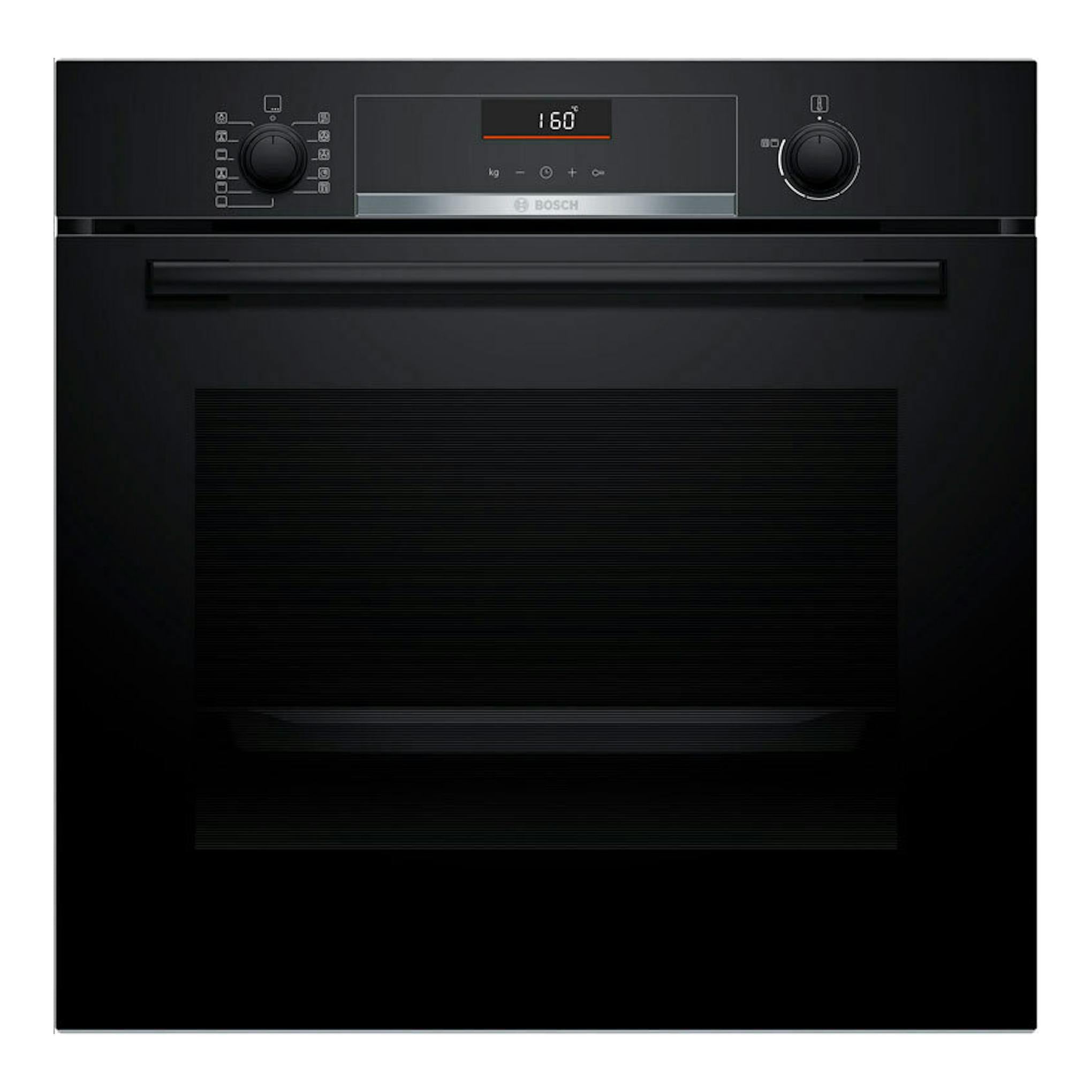 Horno Bosch HBG536EB4 negro, vista frontal, con panel digital y dos mandos.