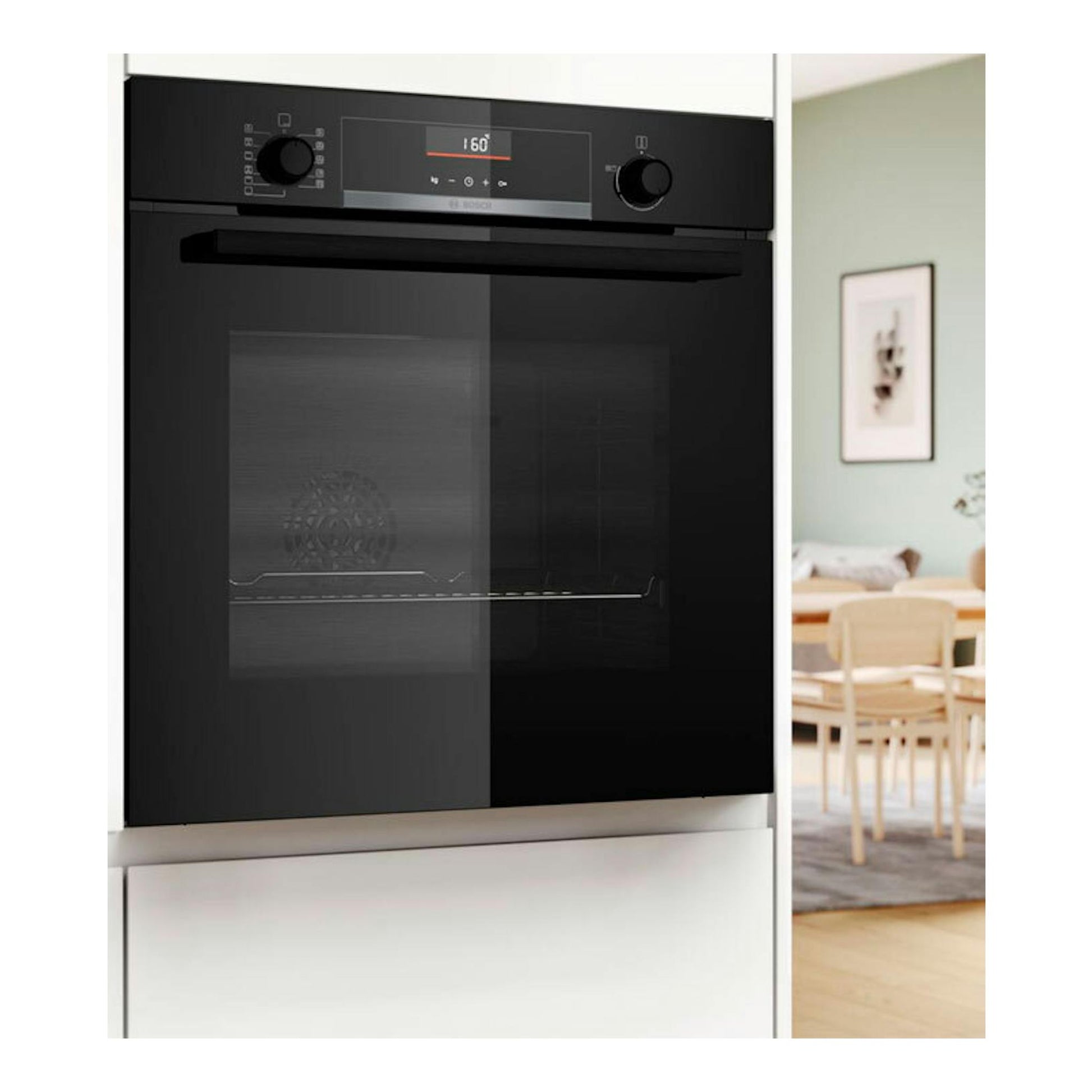 Horno Bosch HBG536EB4 negro empotrado, vista frontal, con puerta de cristal y panel digital superior.