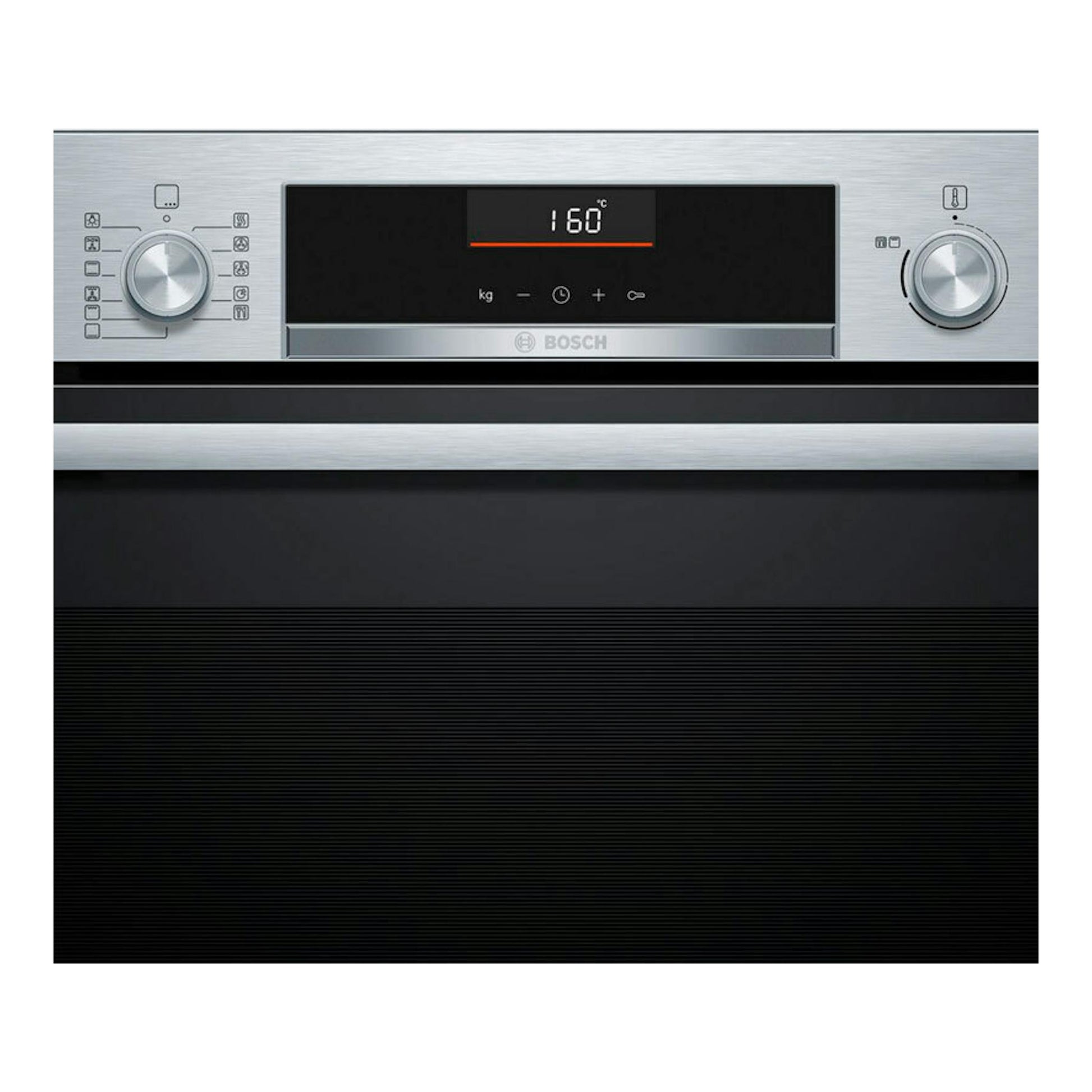 Horno Bosch HBG536ES4 inox, vista frontal, panel digital con 160 °C y dos mandos giratorios.