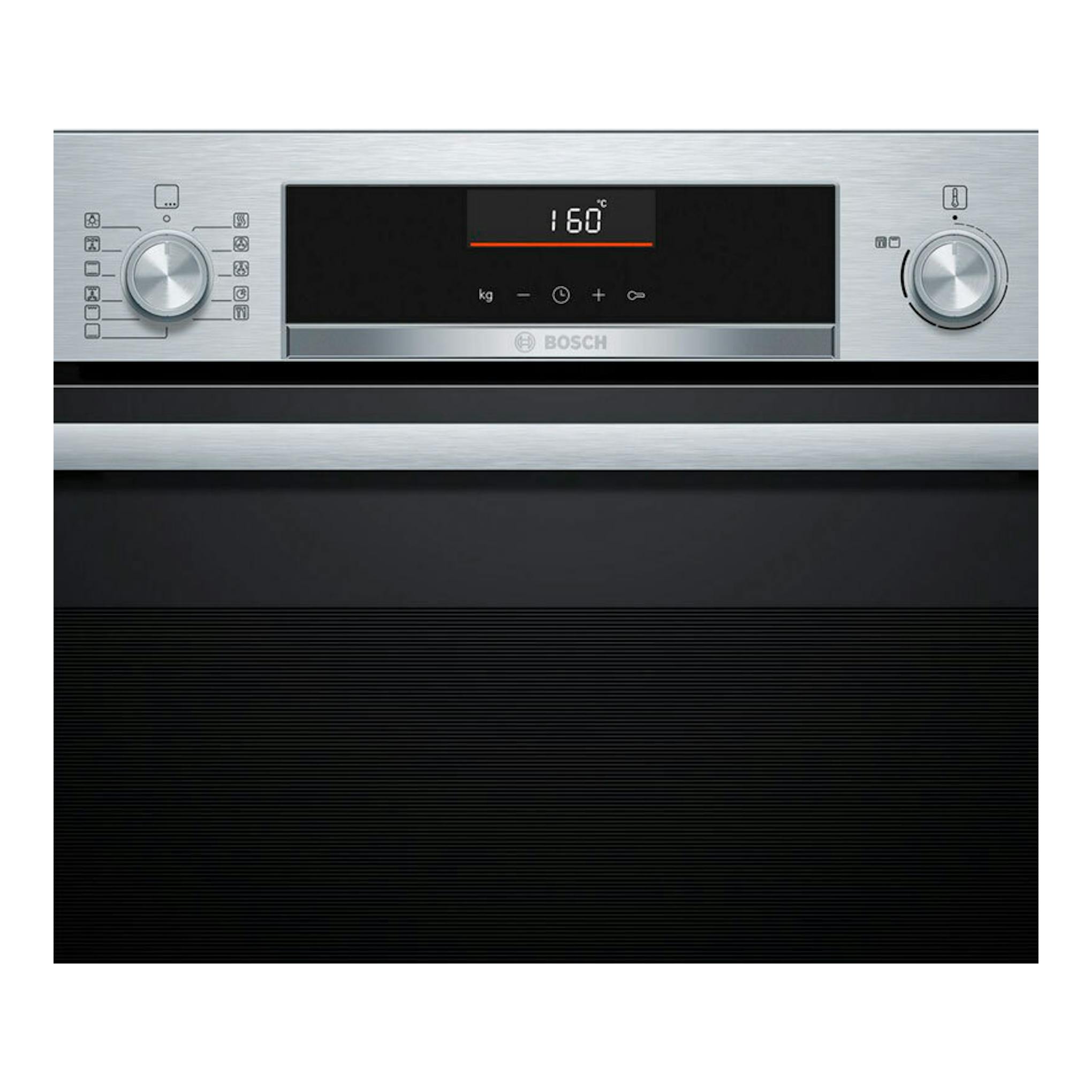 Horno Bosch HBG536ES4 inox, vista frontal, panel digital con 160 °C y dos mandos giratorios.