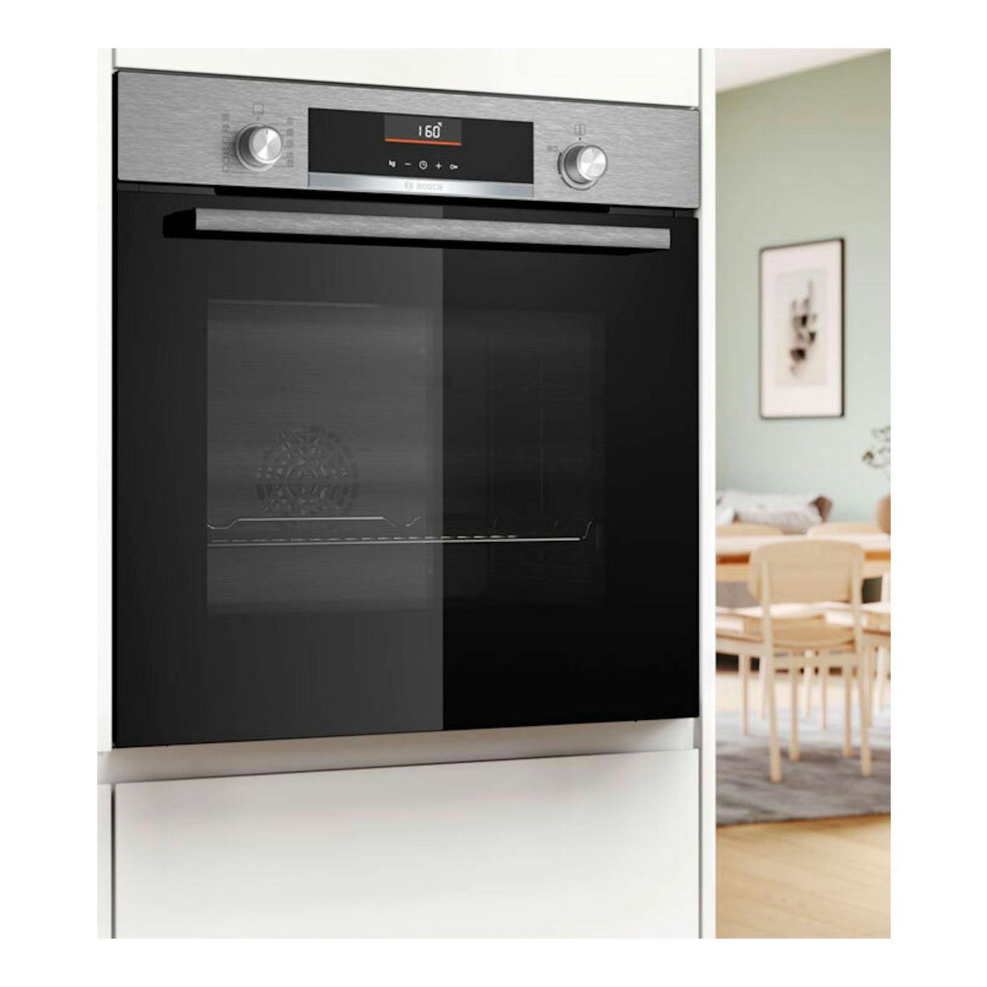 Horno empotrado Bosch HBG536ES4 inox, vista frontal, con puerta de cristal negro y panel de control digital.