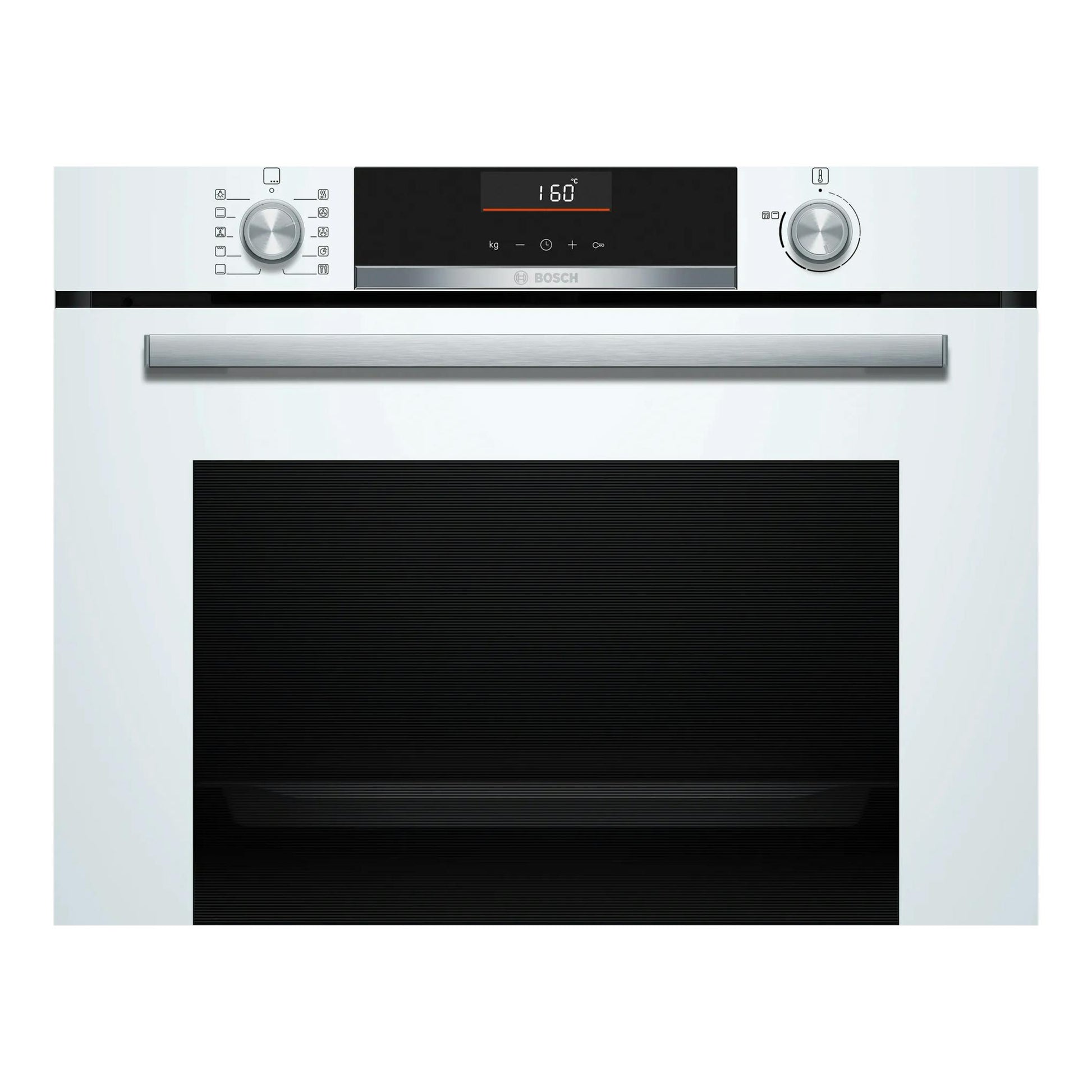Horno empotrable Bosch HBG536EW3 blanco, vista frontal, con puerta de cristal negro y panel digital.